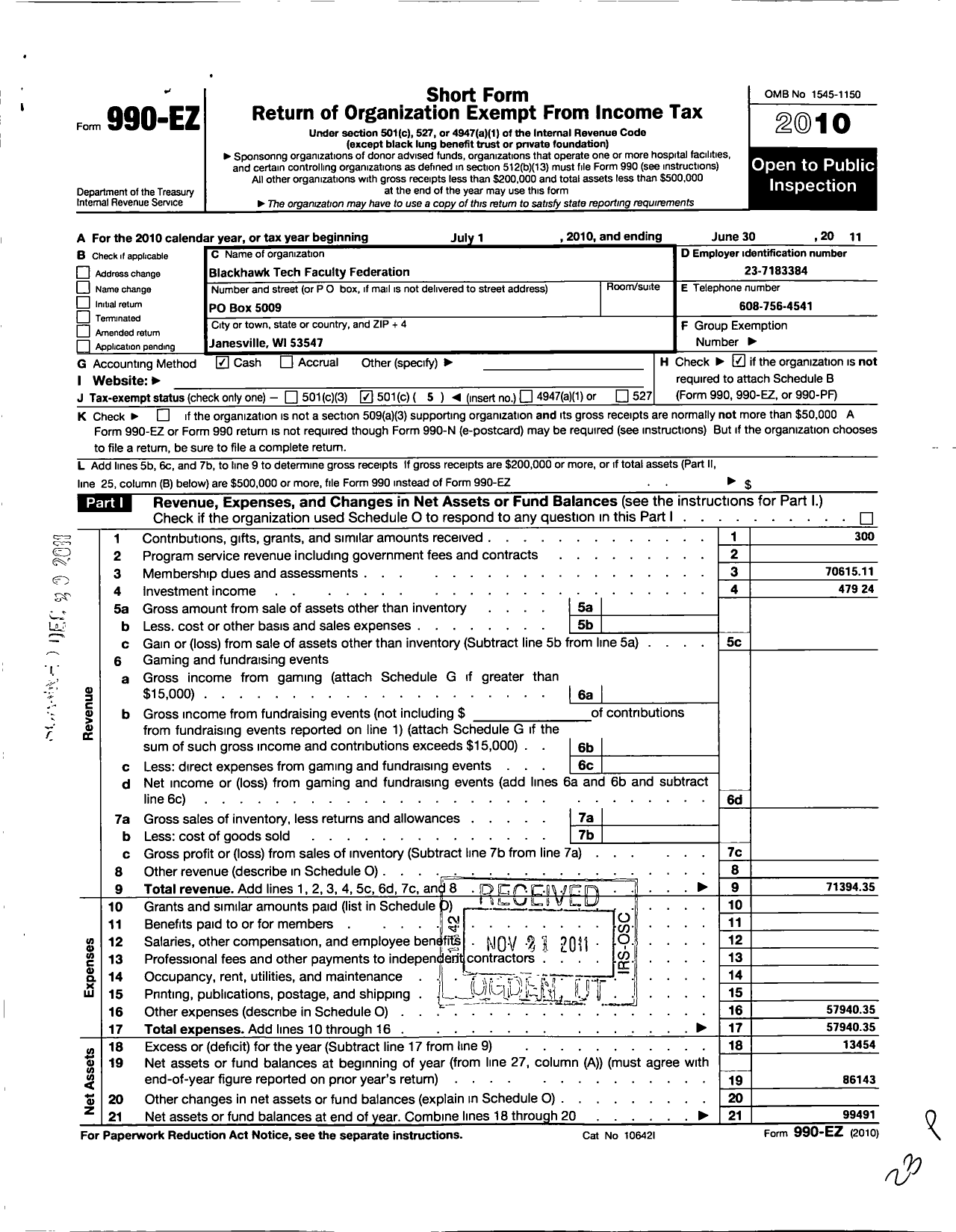 Image of first page of 2010 Form 990EO for American Federation of Teachers - 2308 Blackhawk Tech Faculty Aft