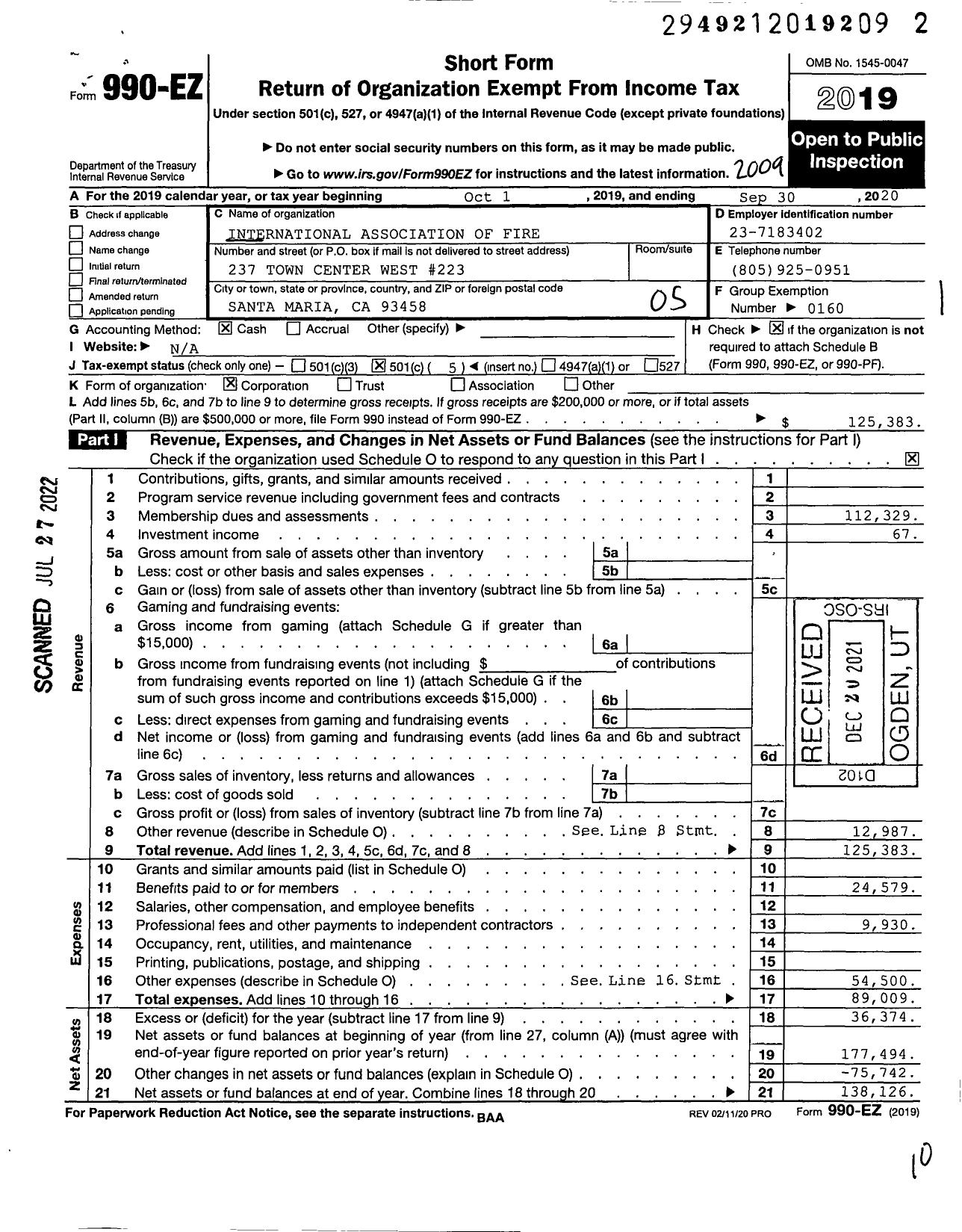 Image of first page of 2019 Form 990EO for International Association of Fire Fighters - L2020 Santa Maria City Fire Fighter