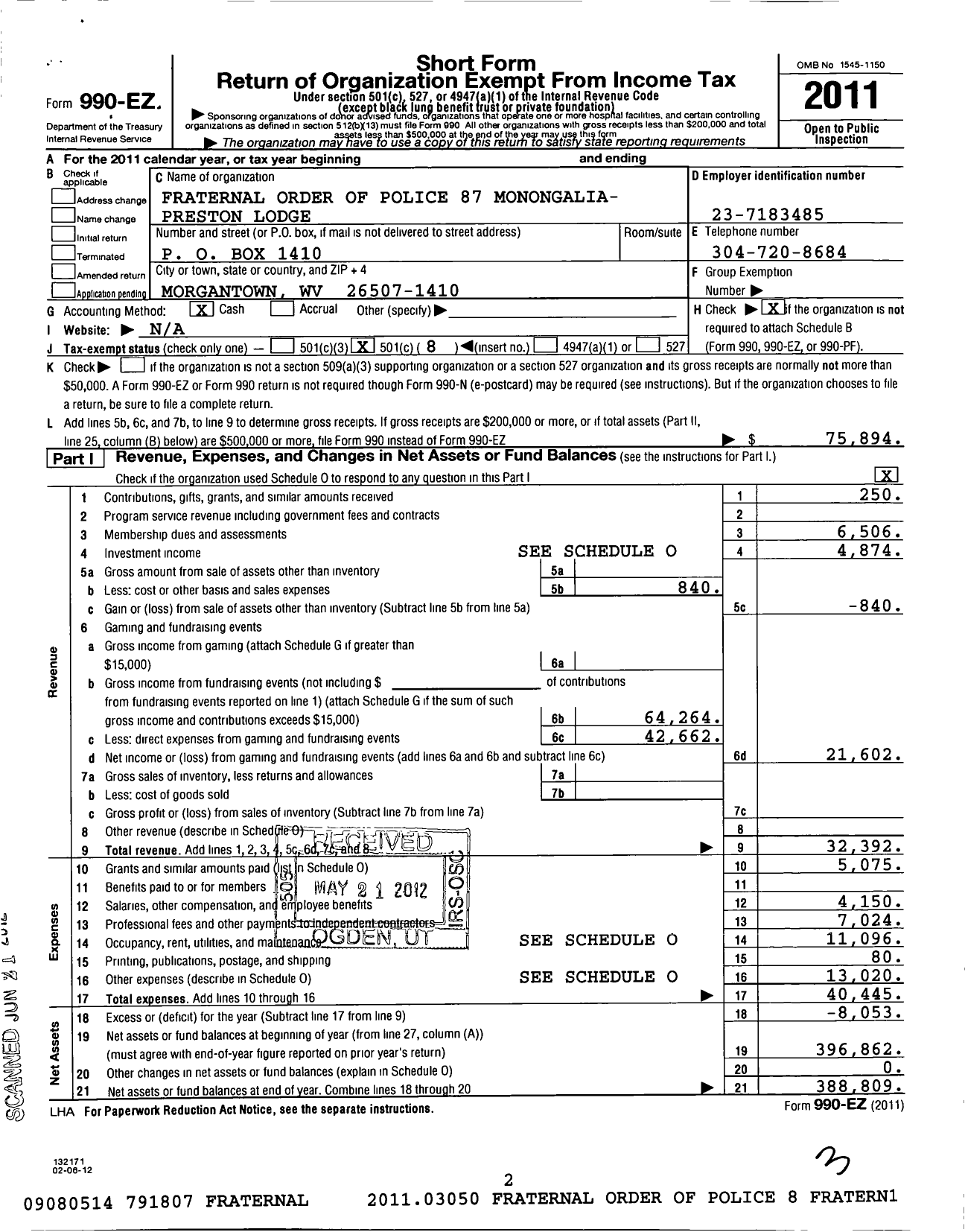 Image of first page of 2011 Form 990EO for Fraternal Order of Police - 87 Monongalia-Preston Lodge