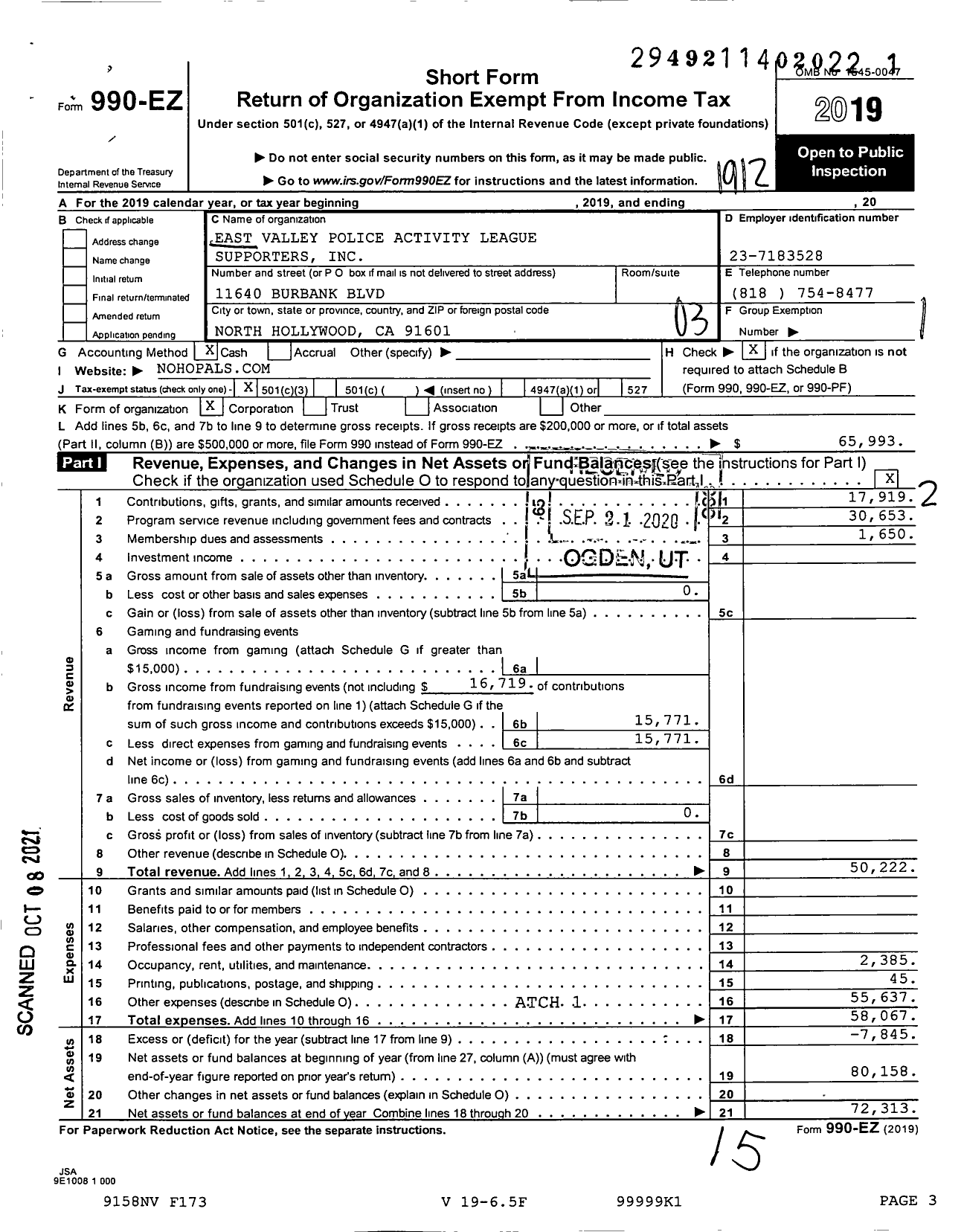 Image of first page of 2019 Form 990EZ for East Valley Police Activity League Supporters