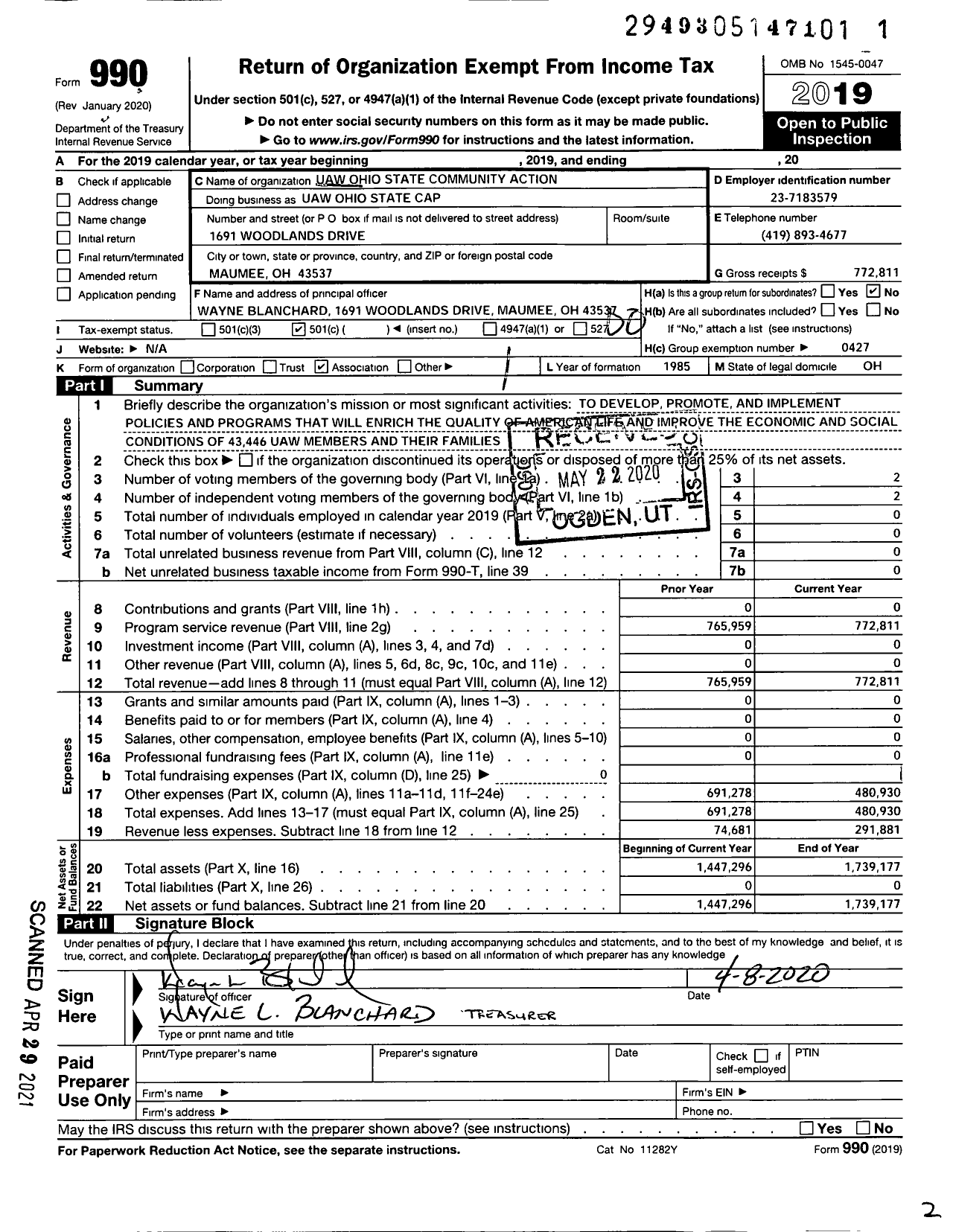 Image of first page of 2019 Form 990O for UAW Ohio State Community Action