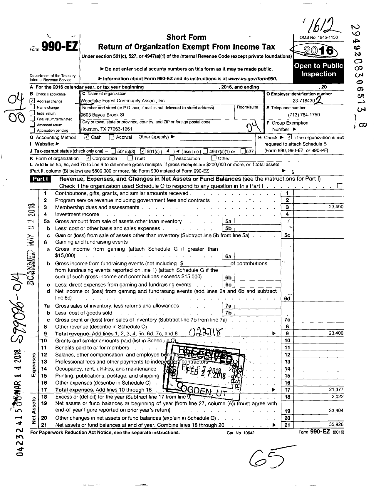 Image of first page of 2016 Form 990EO for Woodlake Forest Community Association