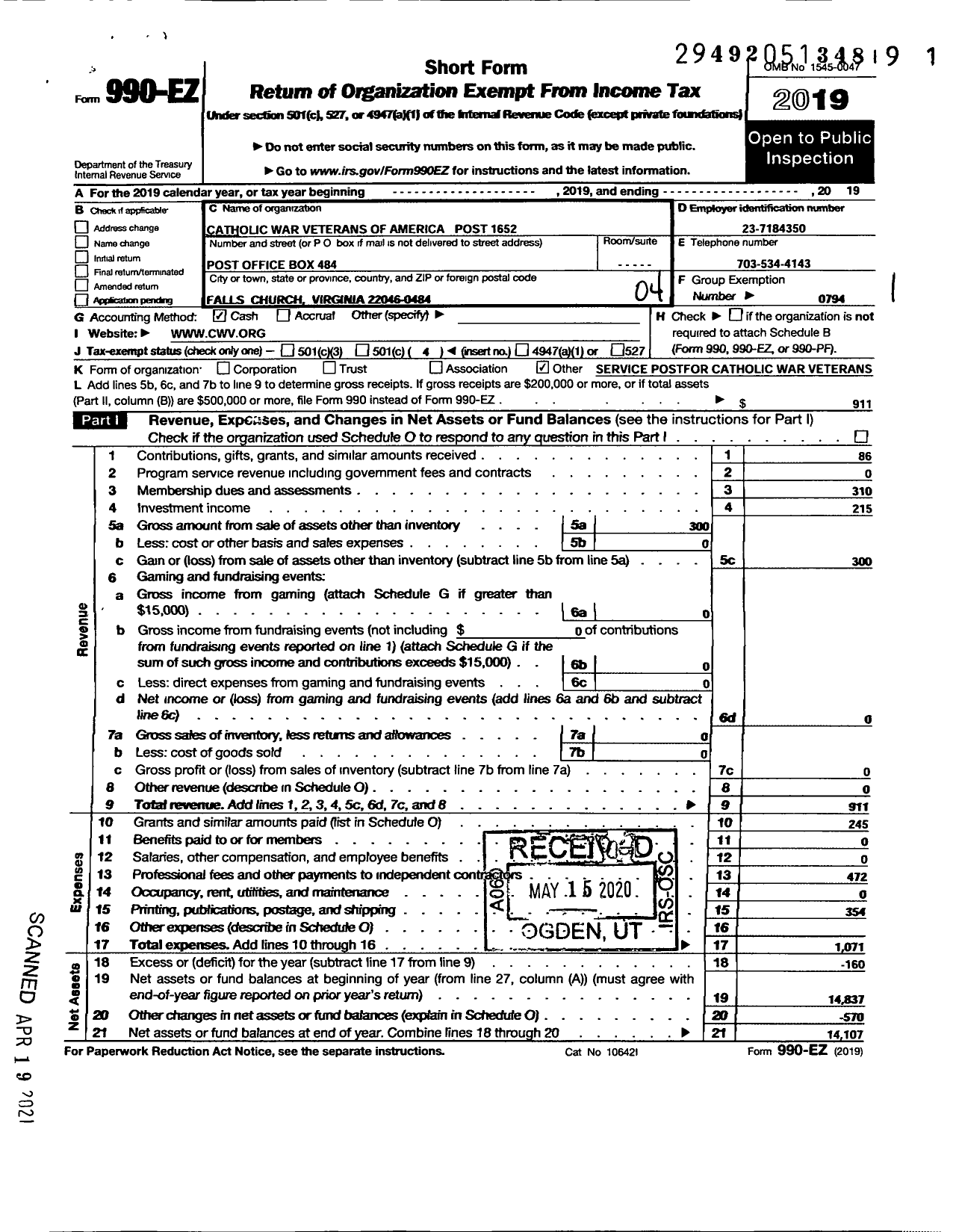 Image of first page of 2019 Form 990EO for Catholic War Veterans of the United States of America - 1652 Post-Cmr-Cwv