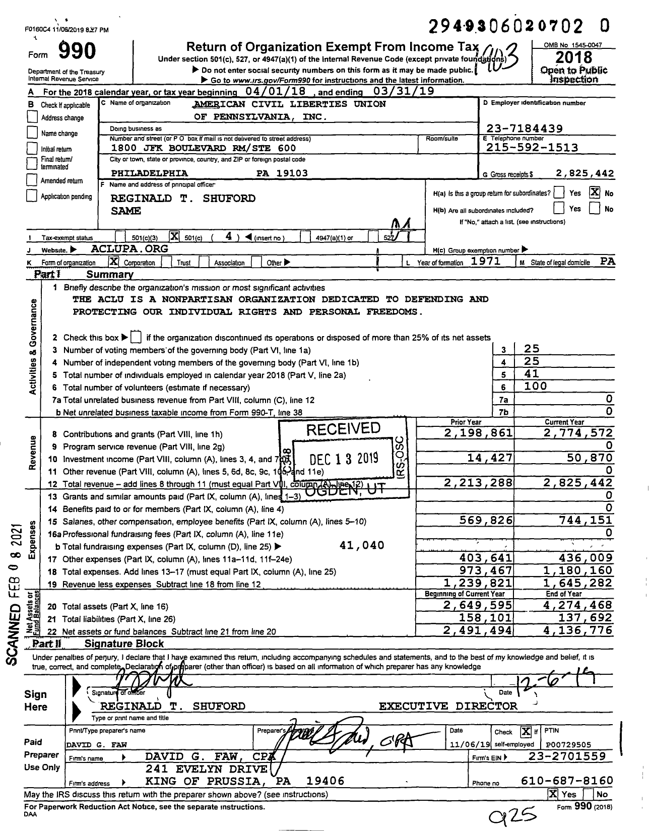 Image of first page of 2018 Form 990O for American Civil Liberties Union of Pennsylvania