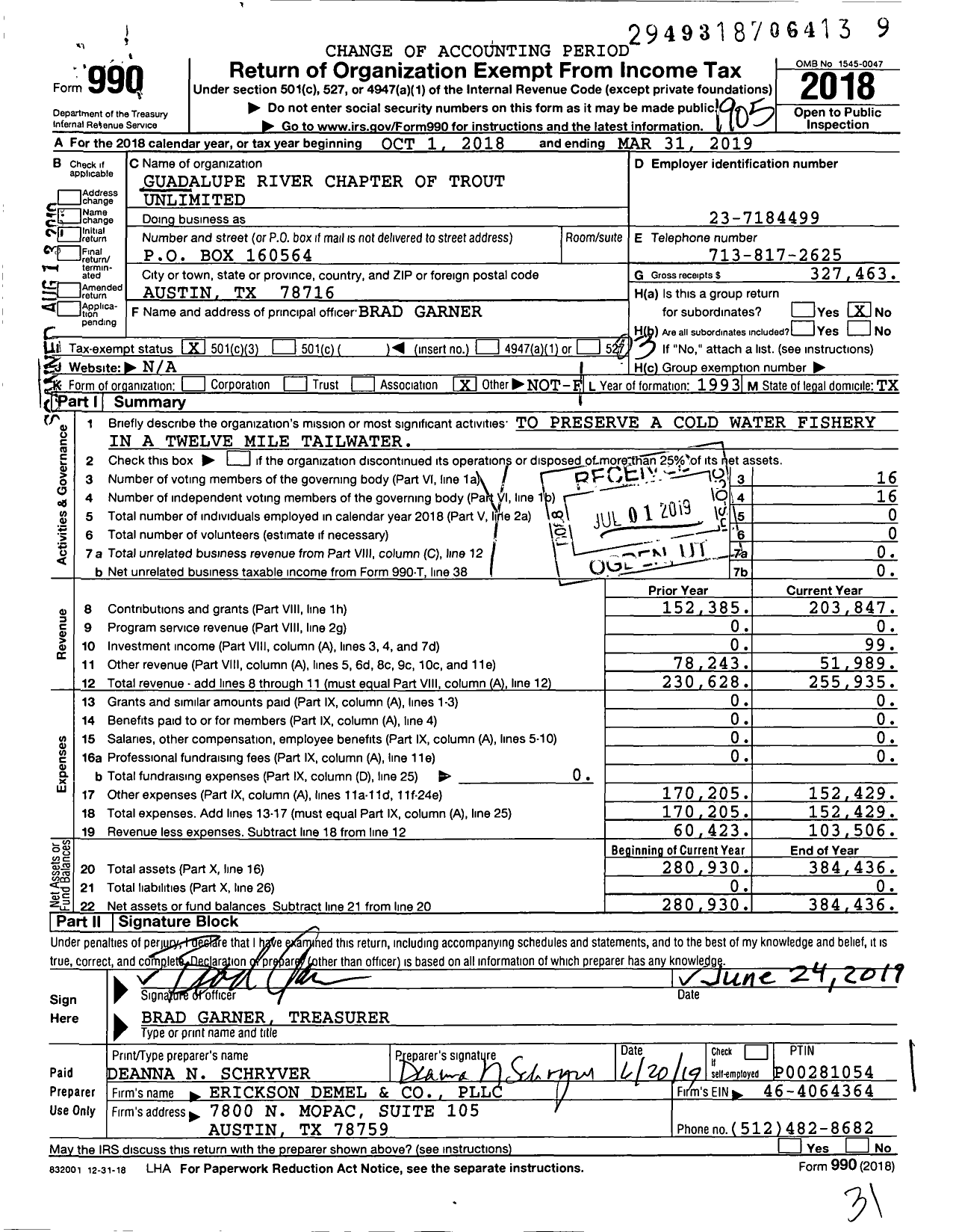 Image of first page of 2018 Form 990 for Trout Unlimited - 066 Guadalupe River