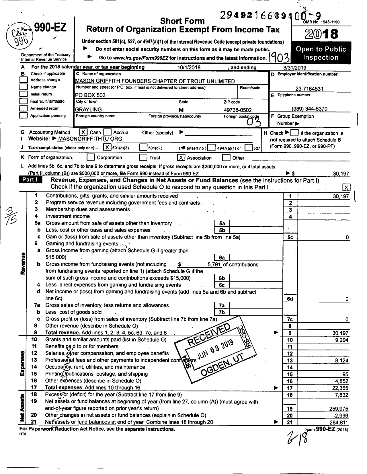 Image of first page of 2018 Form 990EZ for Trout Unlimited - 001 Mason-Griffith Founders