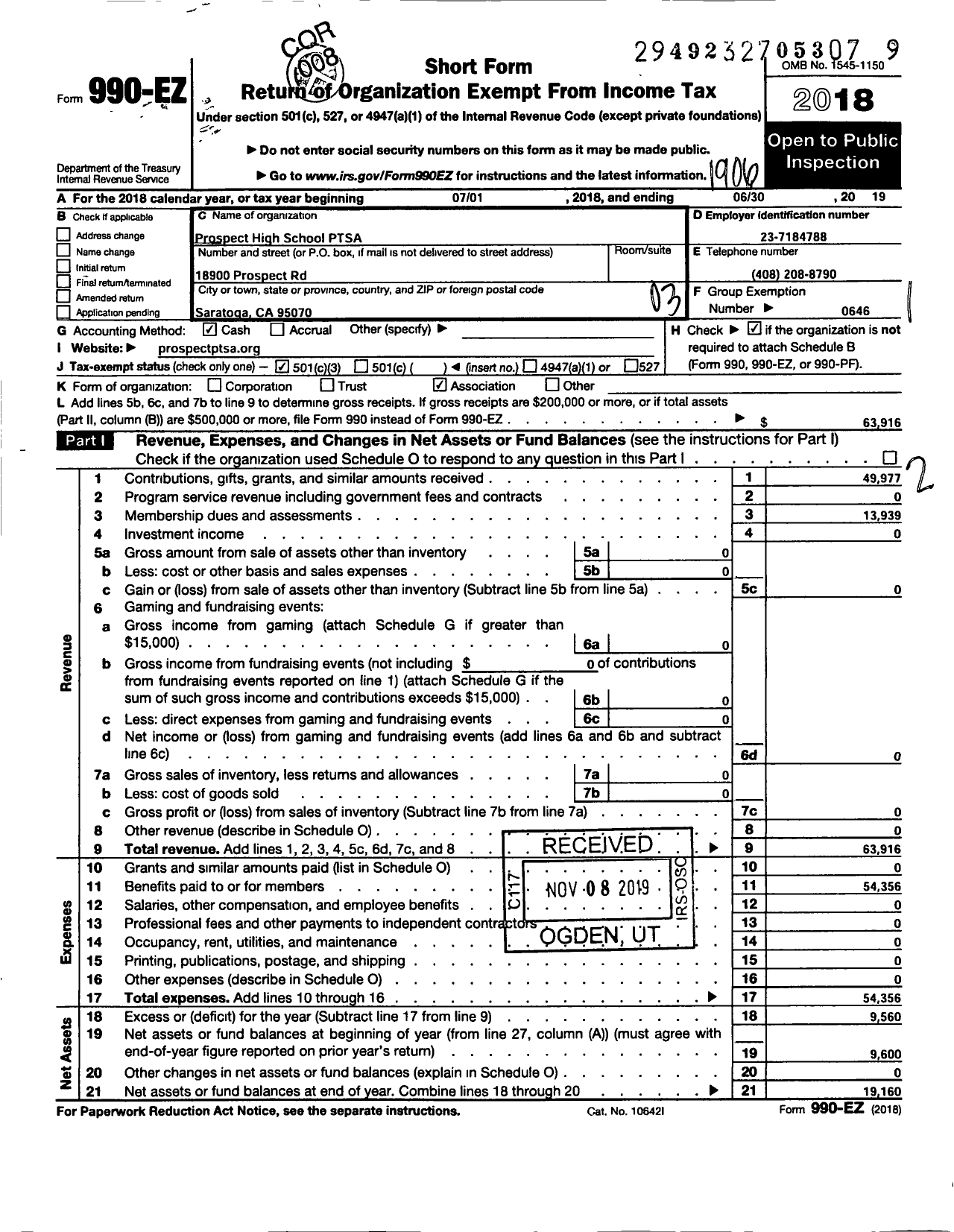 Image of first page of 2018 Form 990EZ for California State PTA - Prospect High PTSA