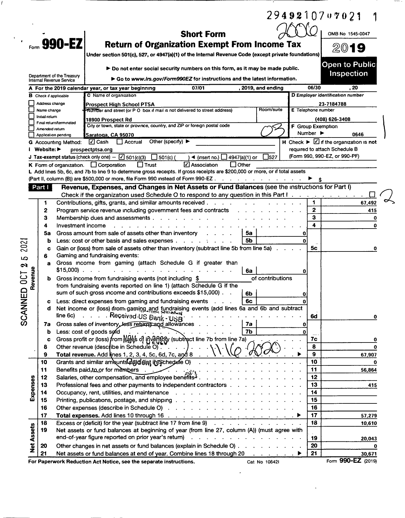 Image of first page of 2019 Form 990EZ for California State PTA - Prospect High PTSA