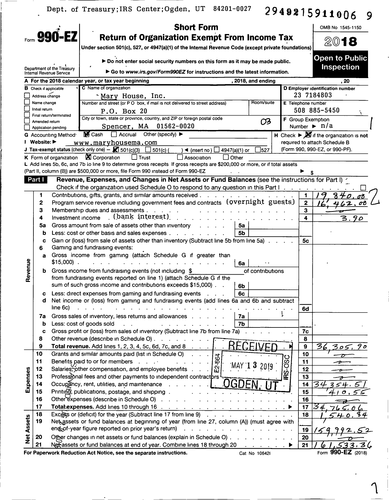 Image of first page of 2018 Form 990EZ for Mary House