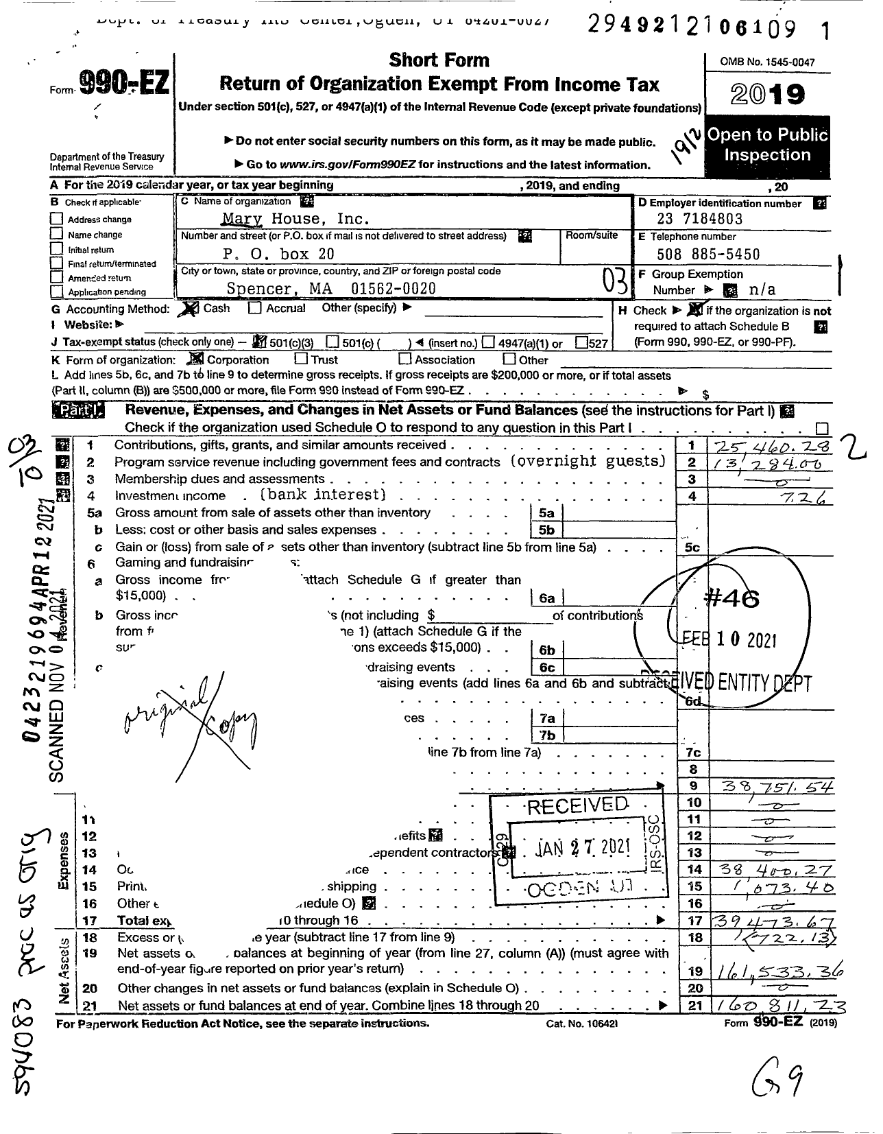 Image of first page of 2019 Form 990EZ for Mary House