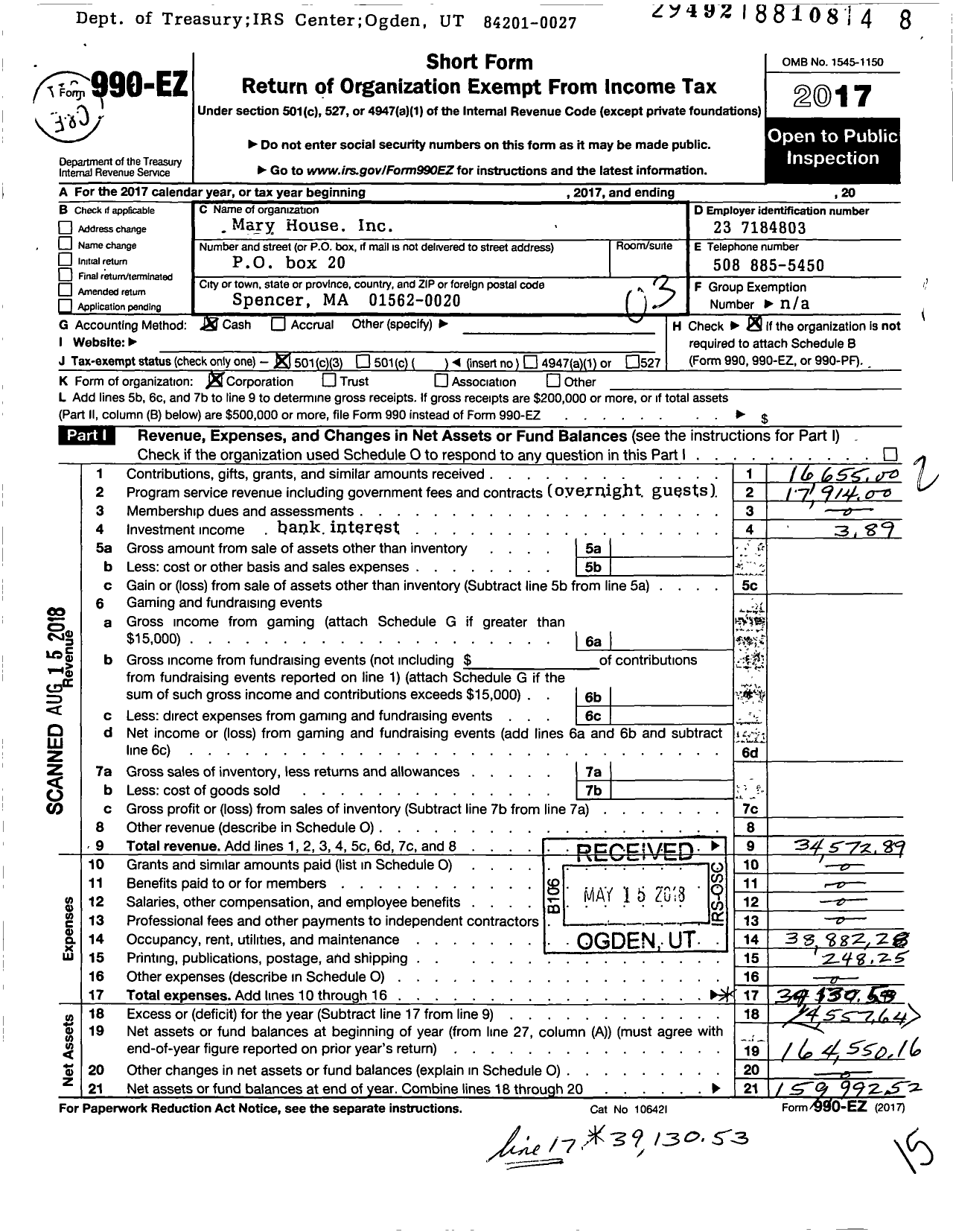 Image of first page of 2017 Form 990EZ for Mary House