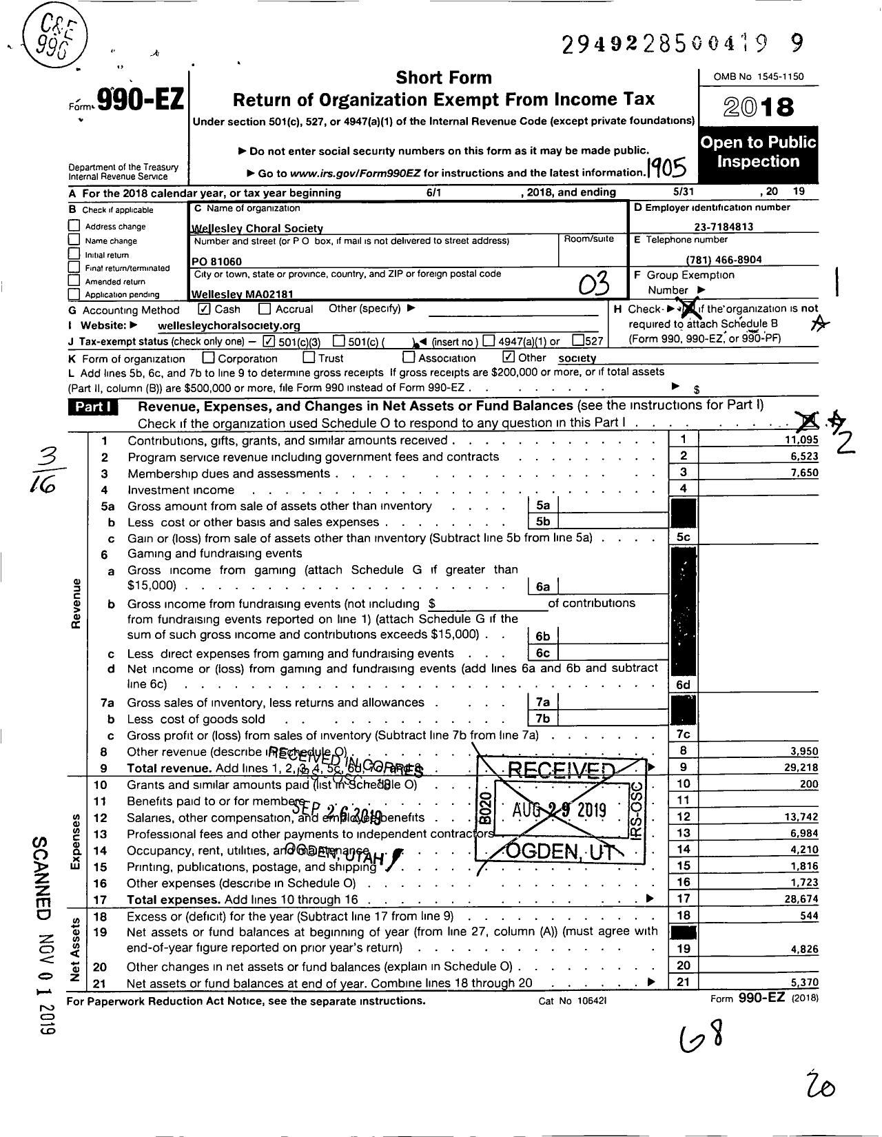 Image of first page of 2018 Form 990EZ for Wellesley Choral Society