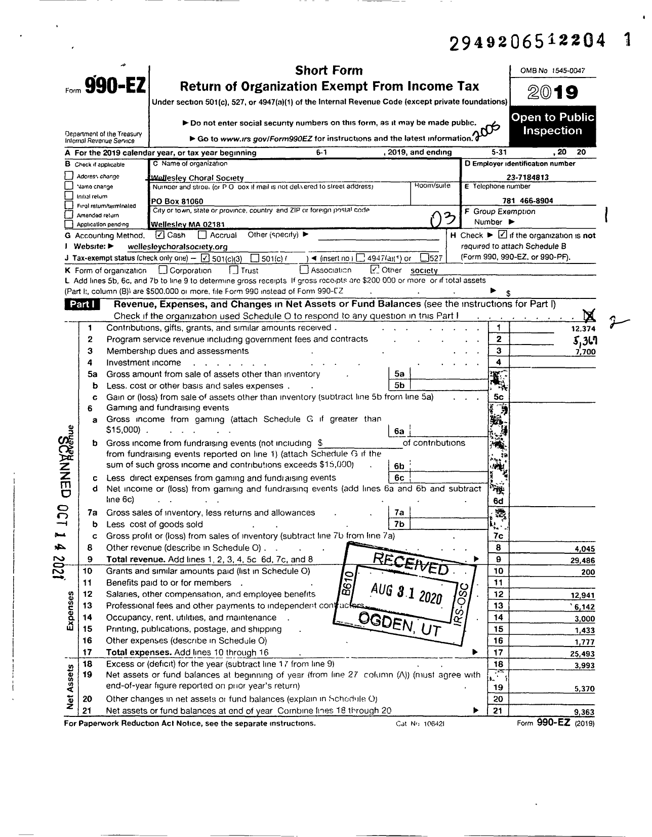 Image of first page of 2019 Form 990EZ for Wellesley Choral Society