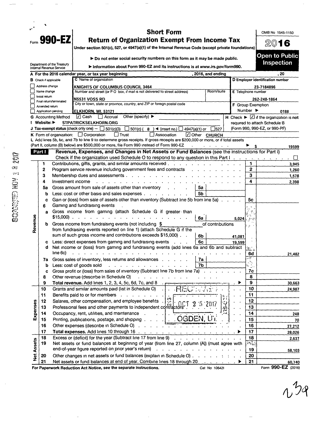 Image of first page of 2016 Form 990EO for Knights of Columbus - 3464 St Patricks Council