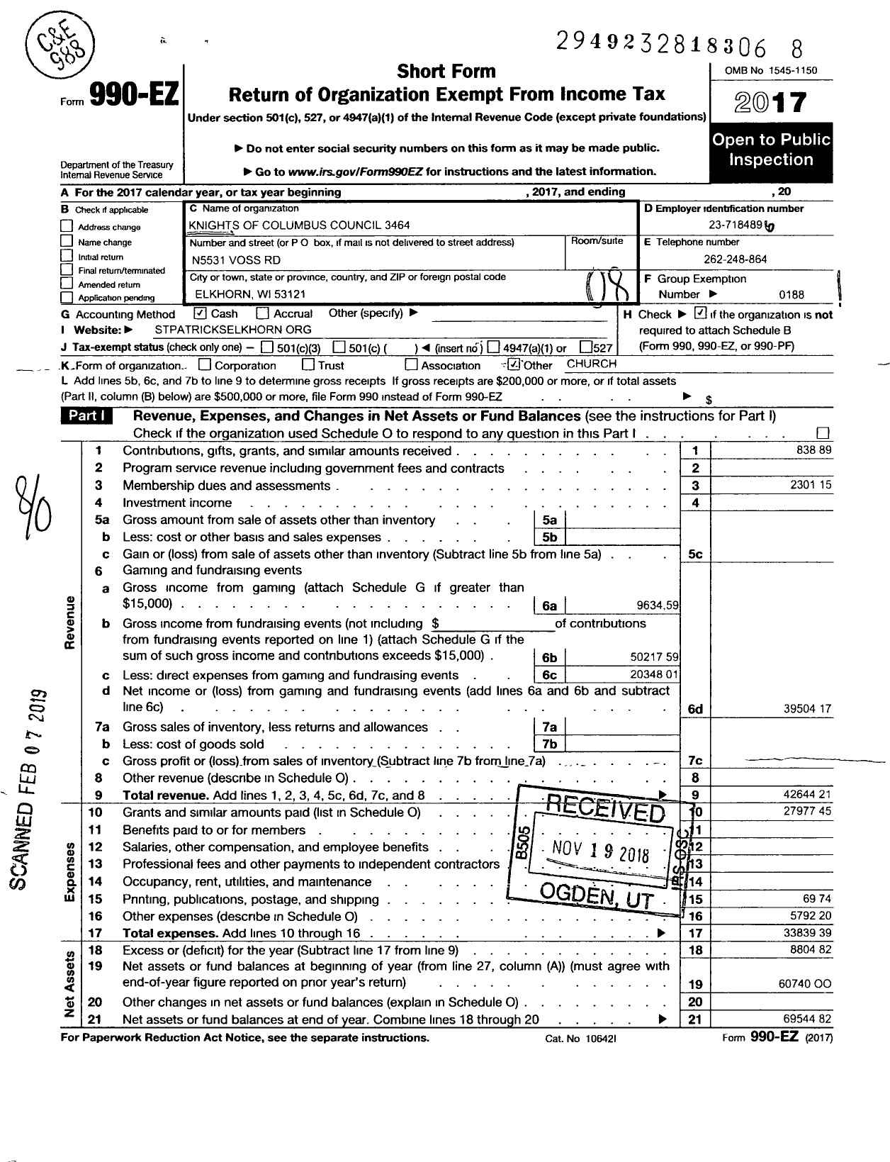 Image of first page of 2017 Form 990EO for Knights of Columbus - 3464 St Patricks Council