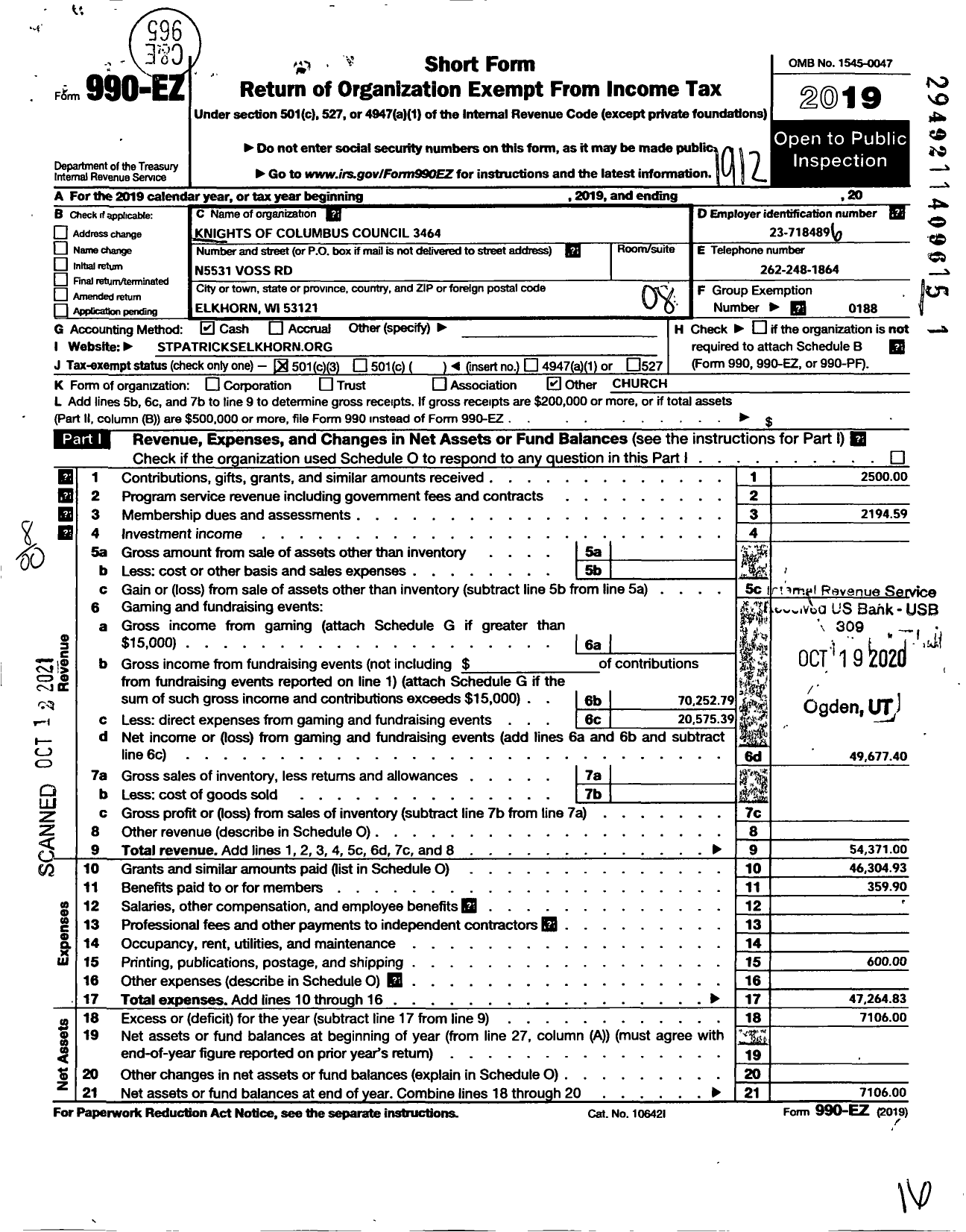 Image of first page of 2019 Form 990EO for Knights of Columbus - 3464 St Patricks Council