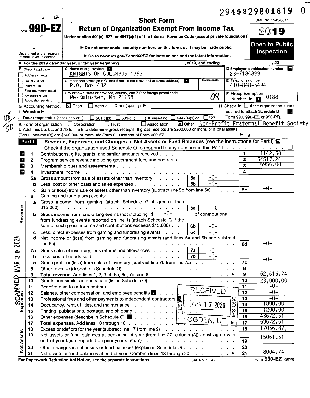 Image of first page of 2019 Form 990EO for Knights of Columbus - 1393 Westminster Council