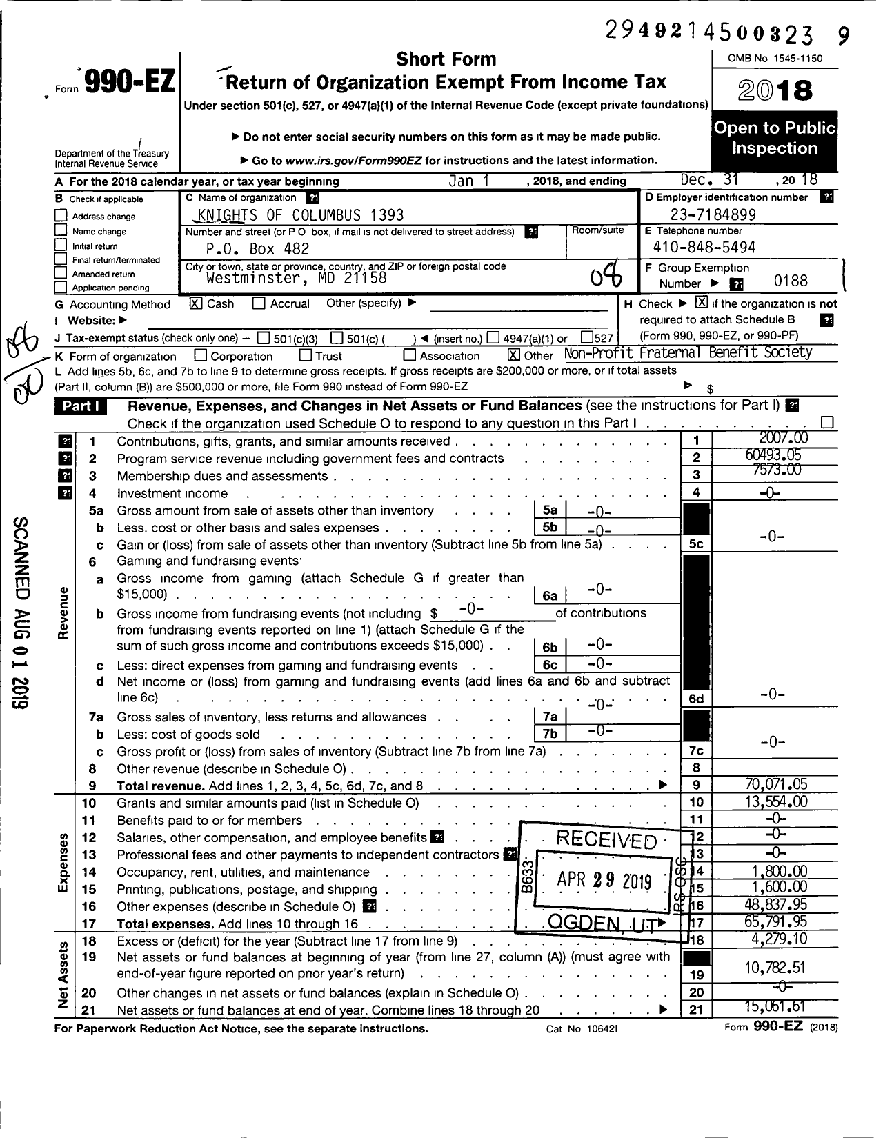 Image of first page of 2018 Form 990EO for Knights of Columbus - 1393 Westminster Council