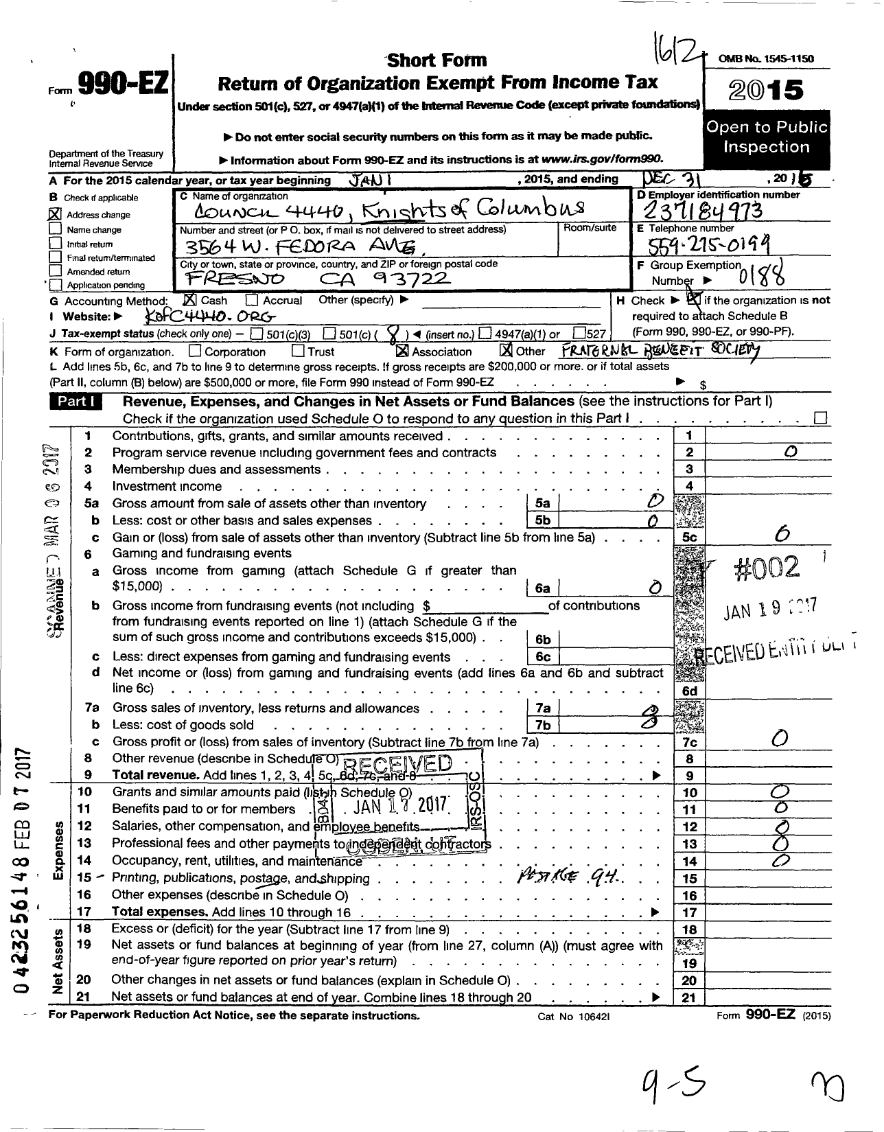 Image of first page of 2016 Form 990EO for Knights of Columbus - 4440 Father Manus Doherty Council