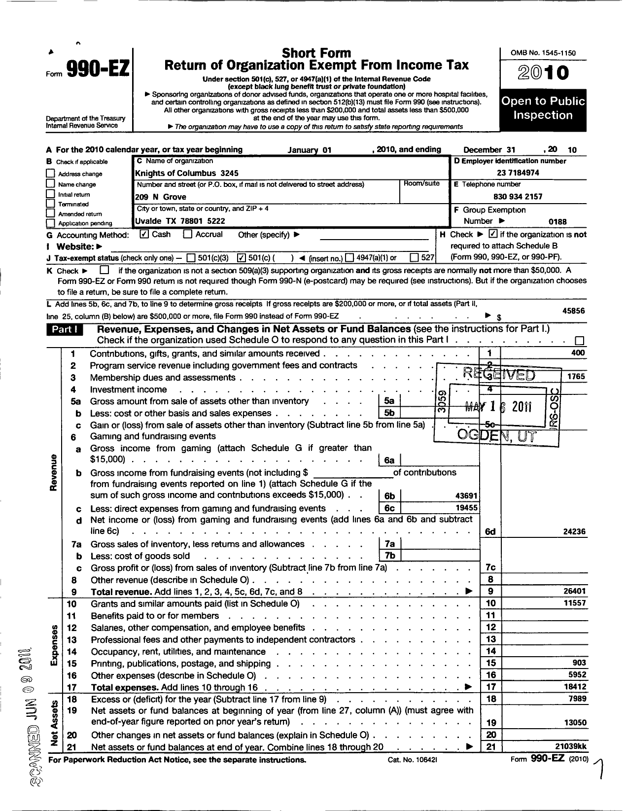 Image of first page of 2010 Form 990EO for Knights of Columbus