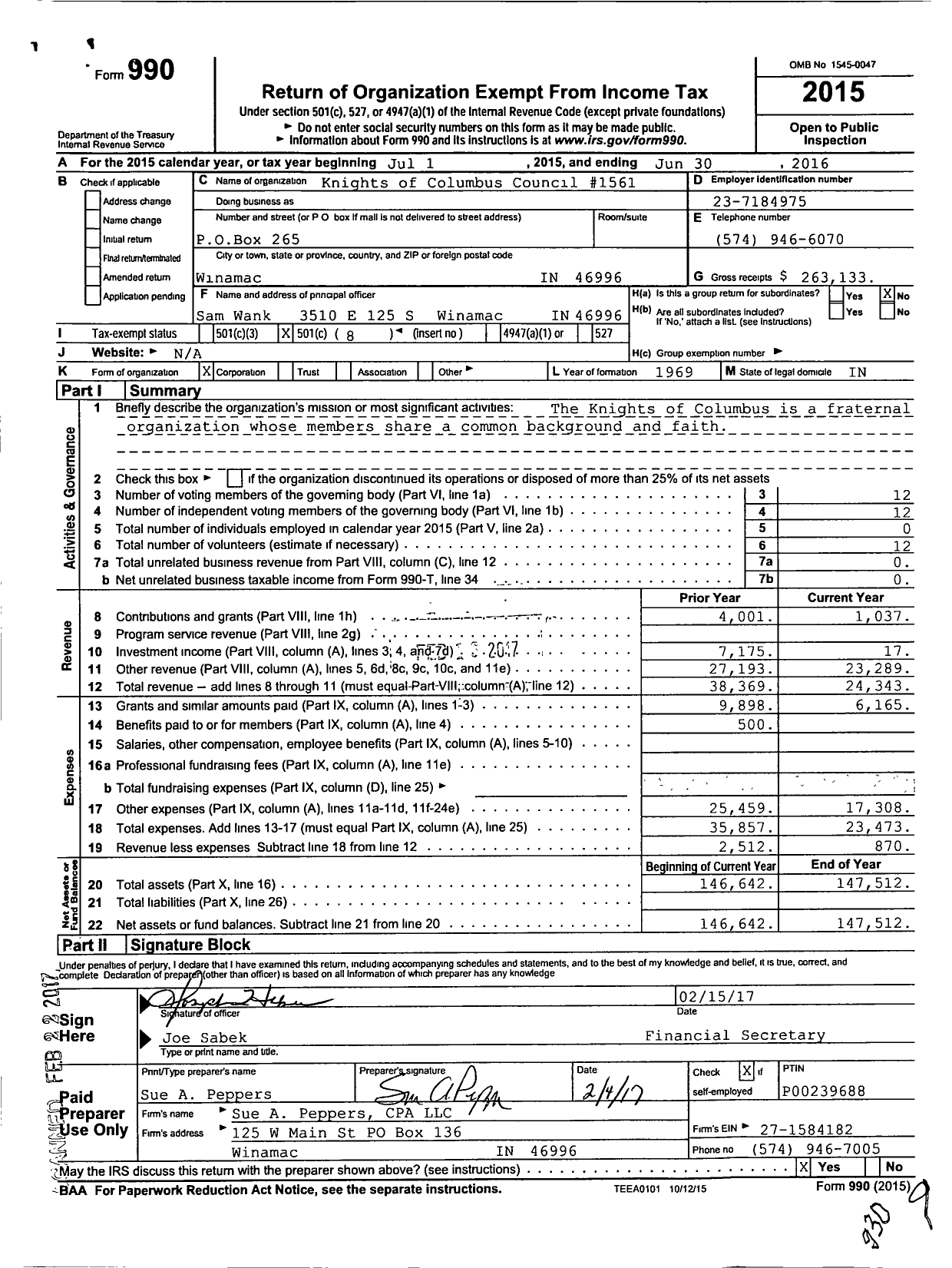 Image of first page of 2015 Form 990O for Knights of Columbus Council #1561