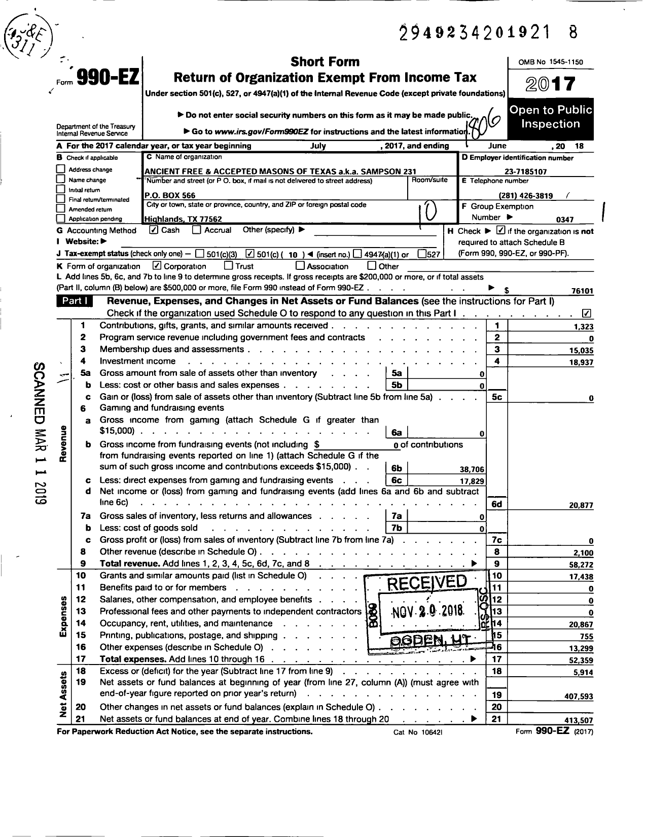 Image of first page of 2017 Form 990EO for Freemasons in Texas - Sampson 231