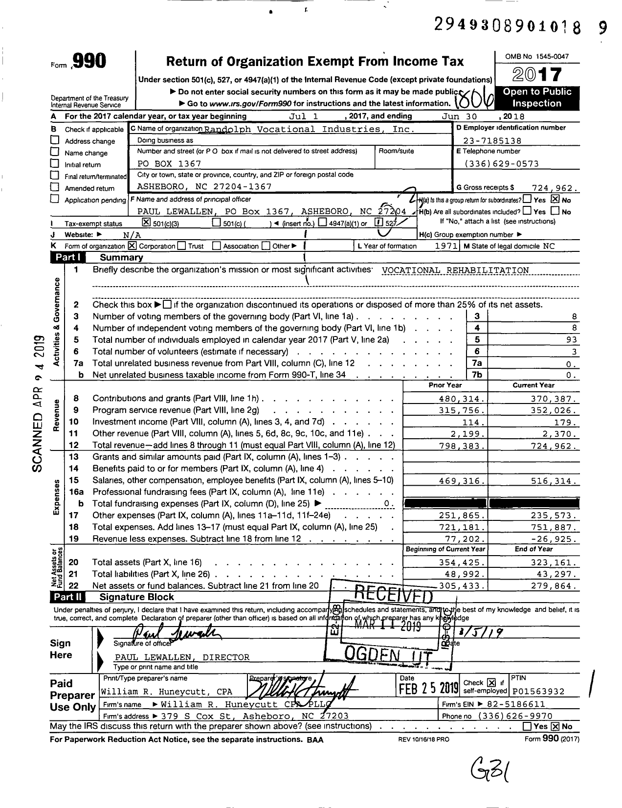 Image of first page of 2017 Form 990 for Randolph Vocational Industries