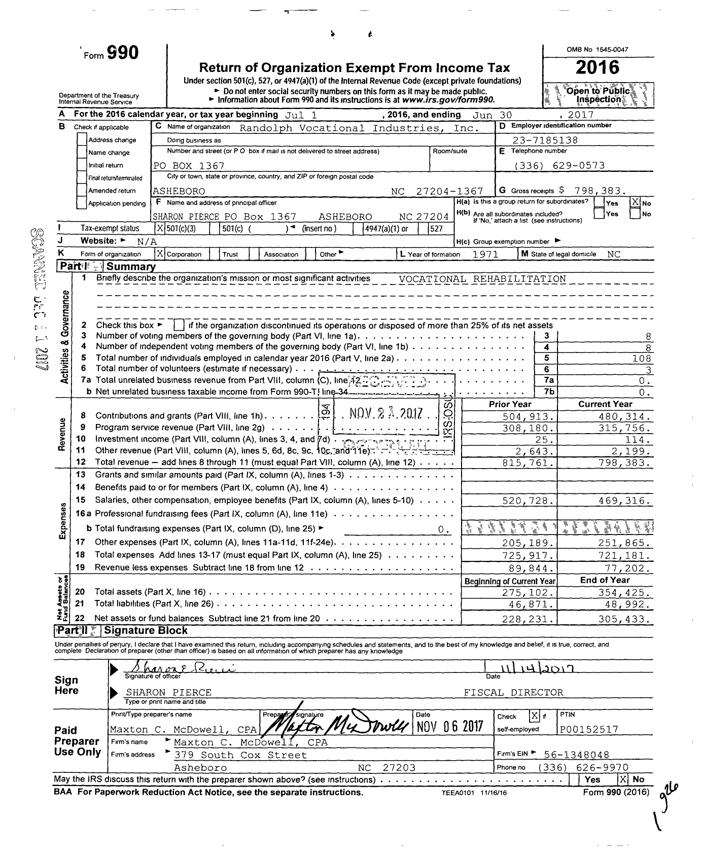 Image of first page of 2016 Form 990 for Randolph Vocational Industries