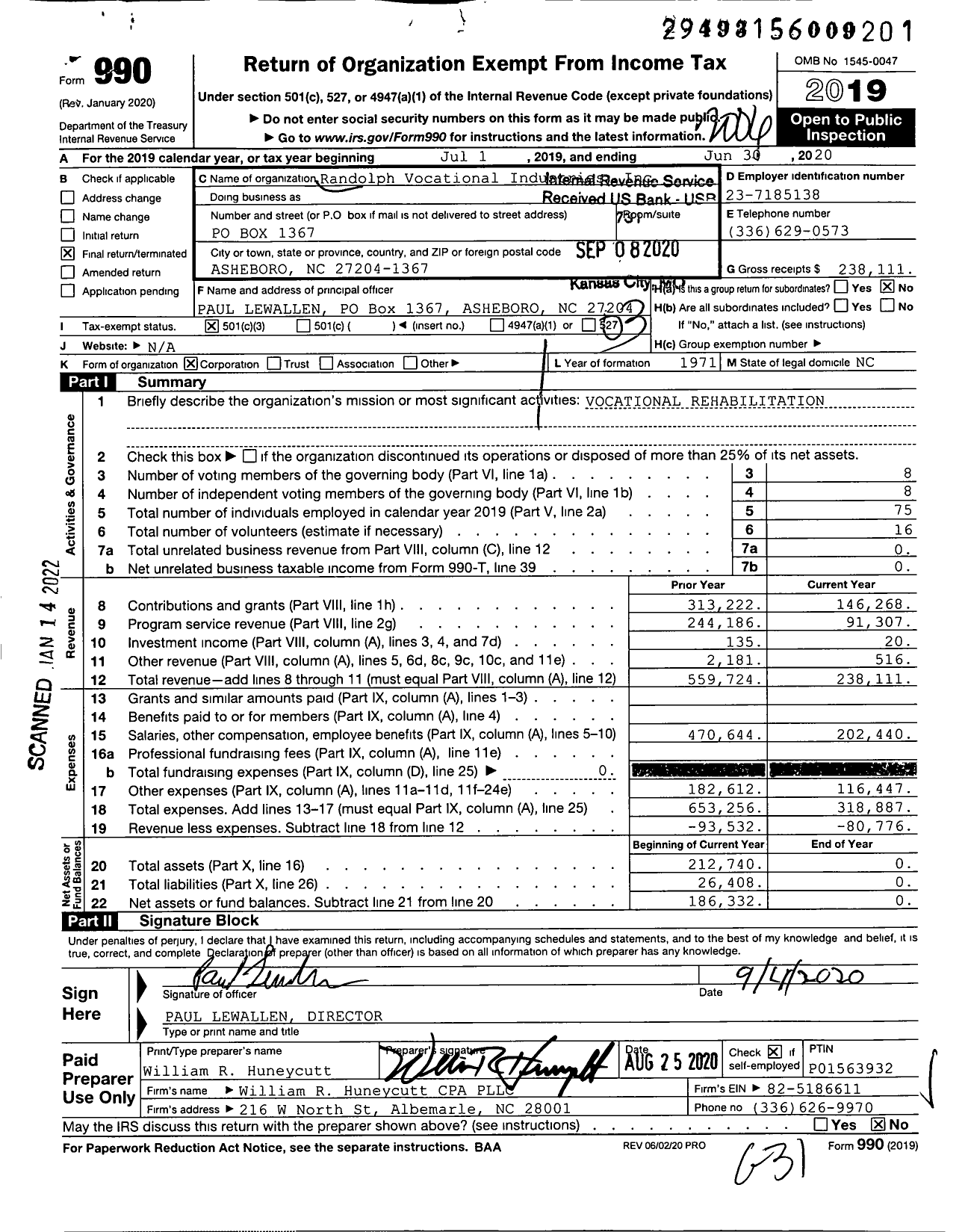 Image of first page of 2019 Form 990 for Randolph Vocational Industries