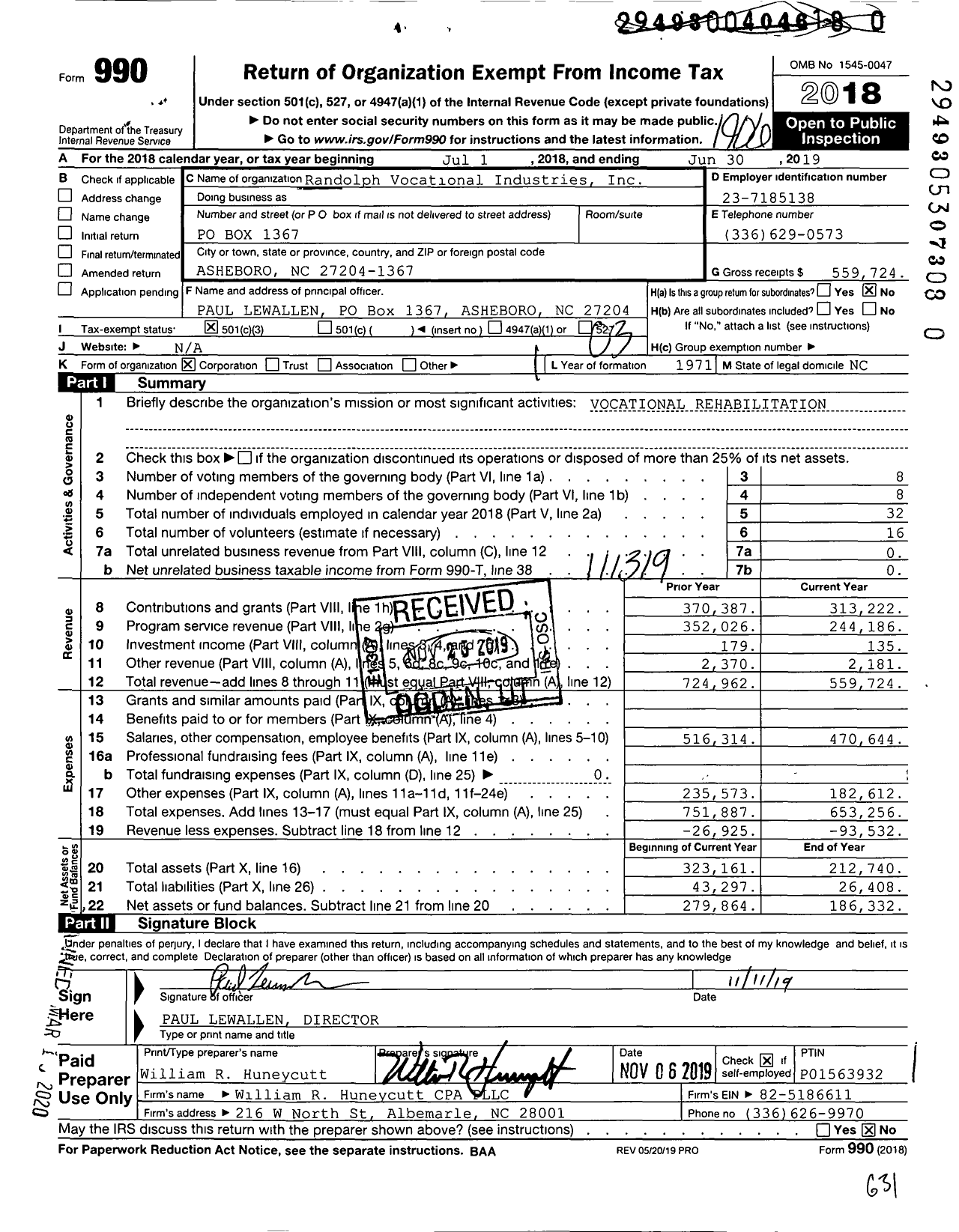 Image of first page of 2018 Form 990 for Randolph Vocational Industries