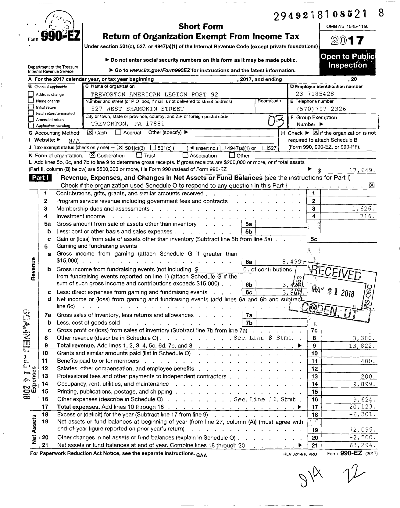 Image of first page of 2017 Form 990EZ for American Legion - 92