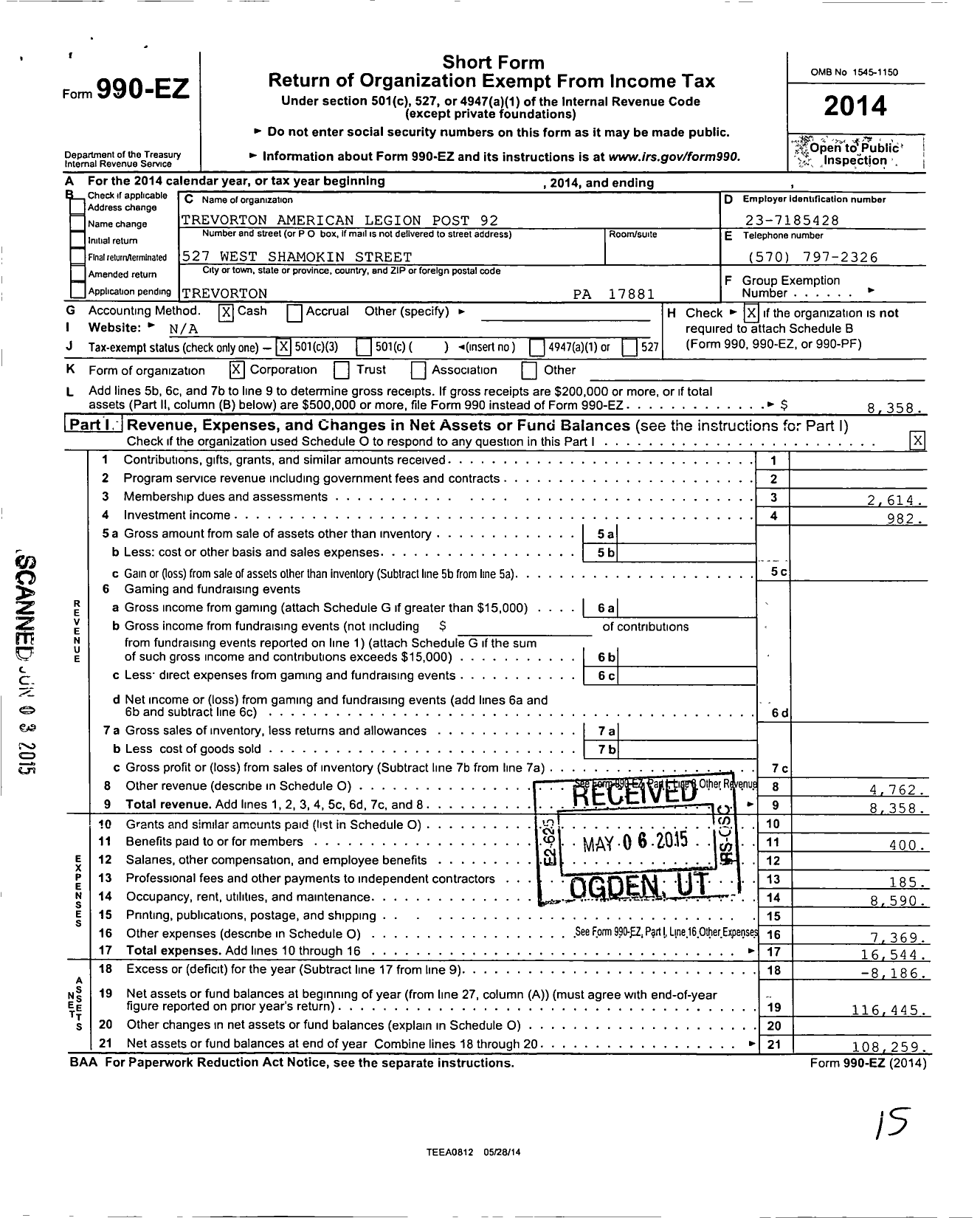 Image of first page of 2014 Form 990EZ for American Legion - 92