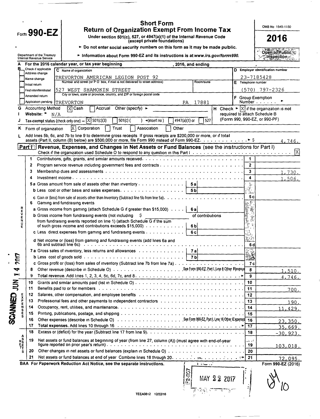 Image of first page of 2016 Form 990EZ for American Legion - 92