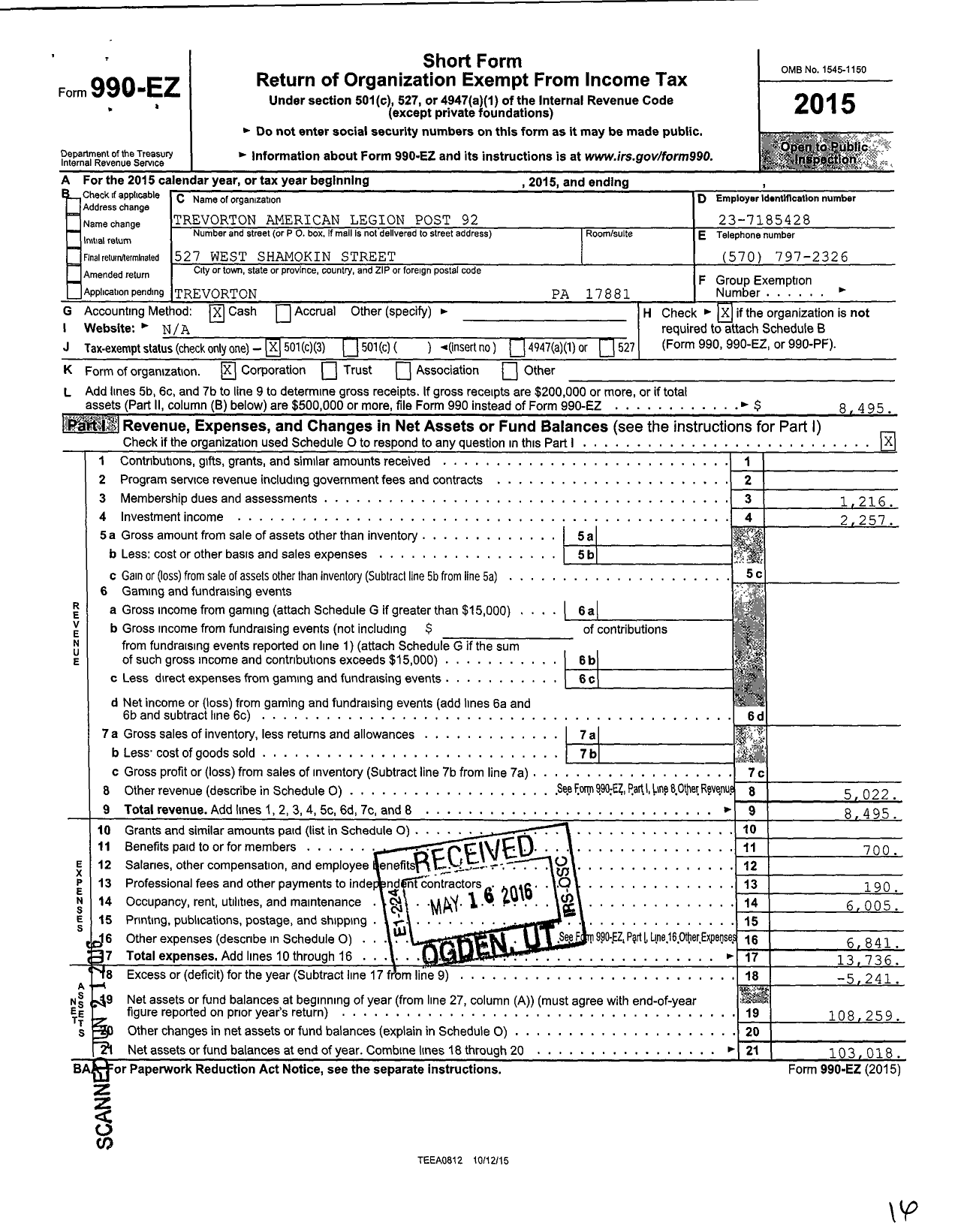 Image of first page of 2015 Form 990EZ for American Legion - 92