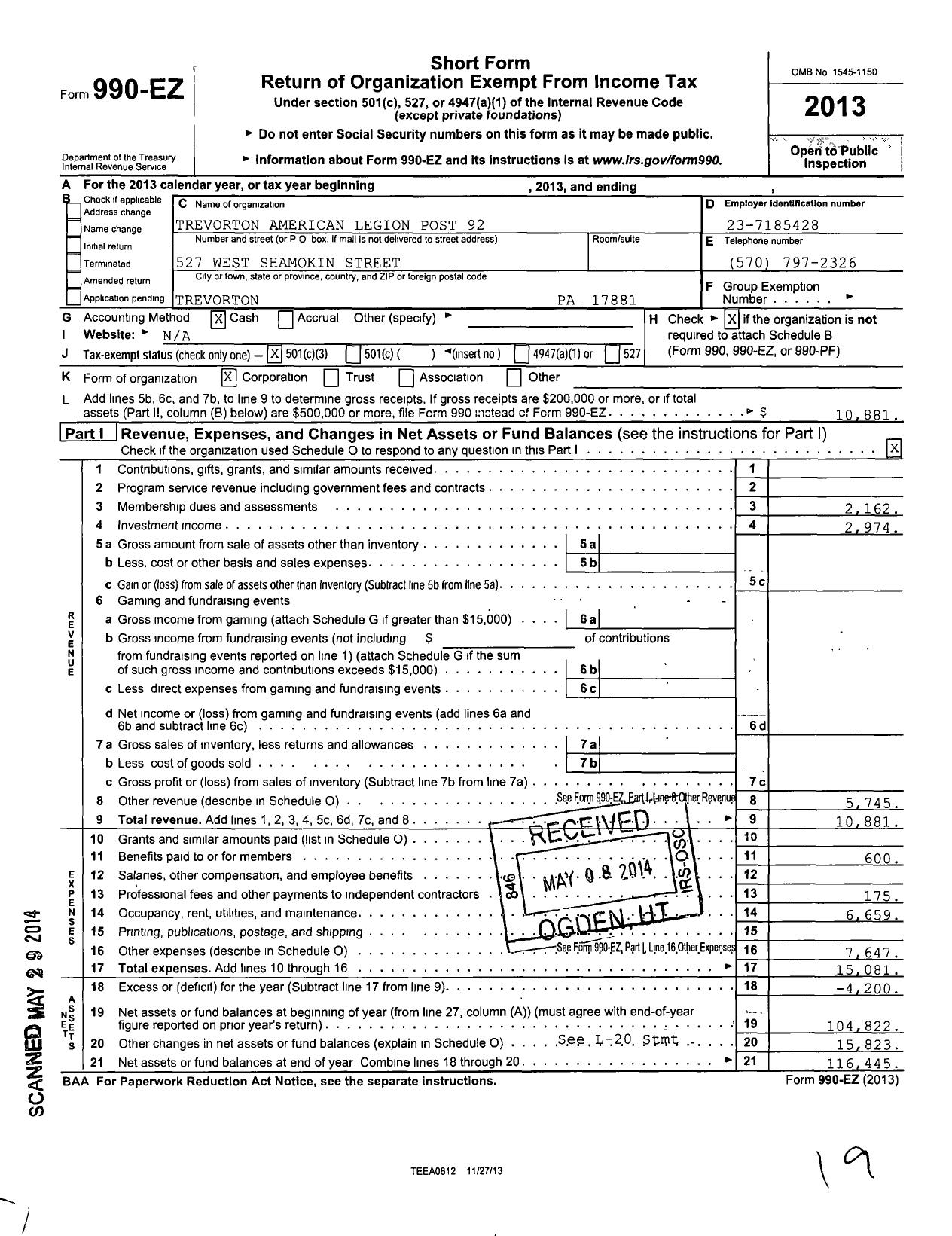 Image of first page of 2013 Form 990EZ for American Legion - 92