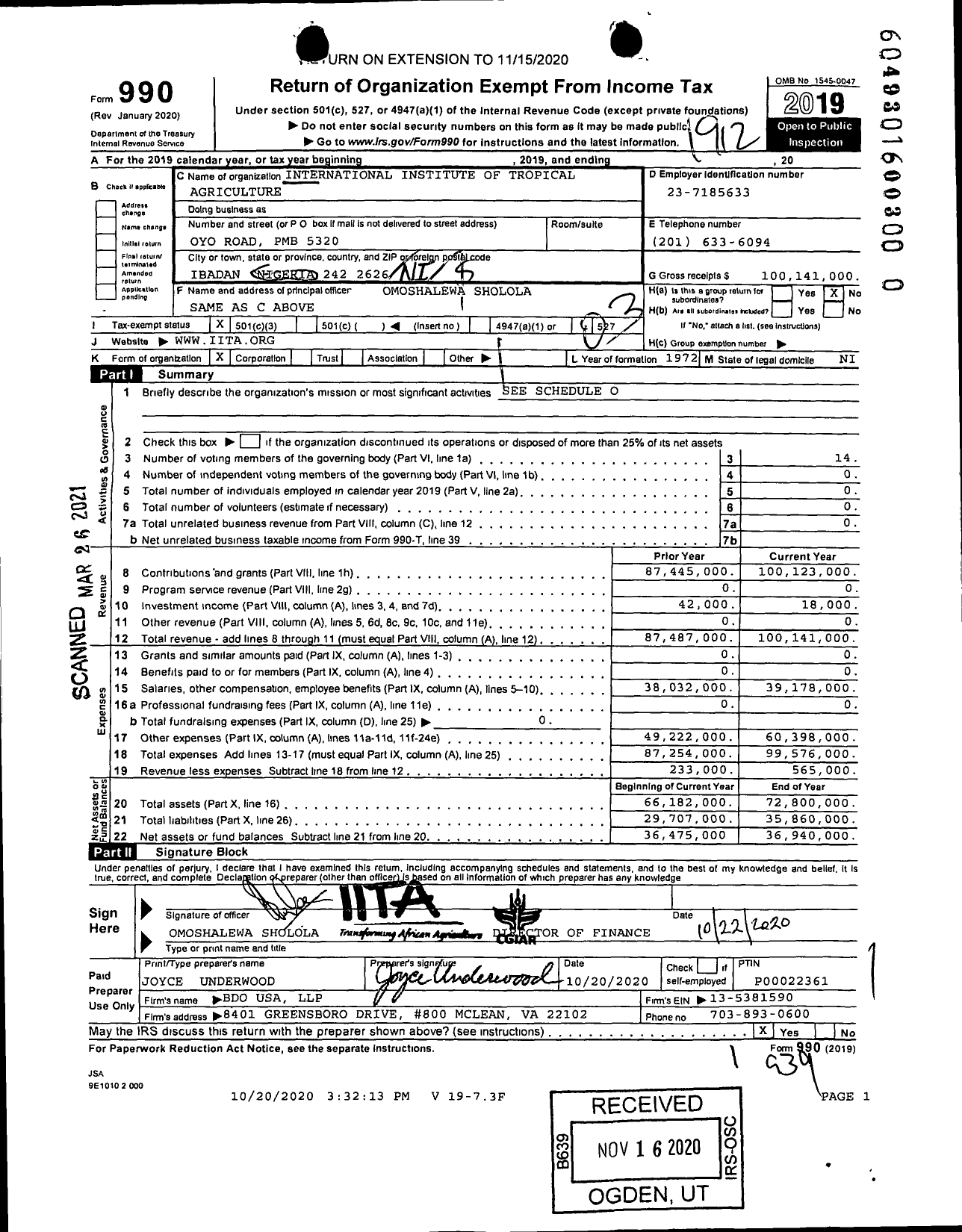 Image of first page of 2019 Form 990 for International Institute of Tropical Agriculture (IITA)