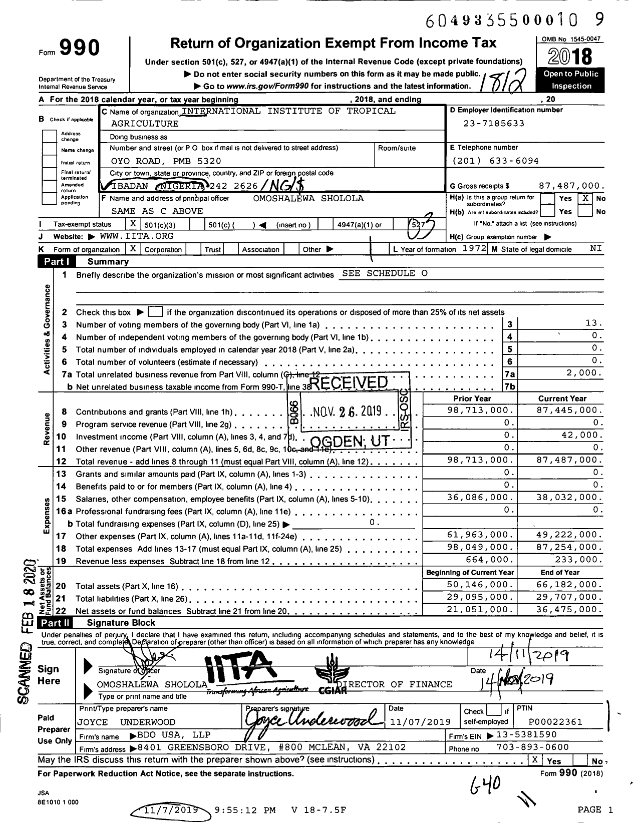 Image of first page of 2018 Form 990 for International Institute of Tropical Agriculture (IITA)