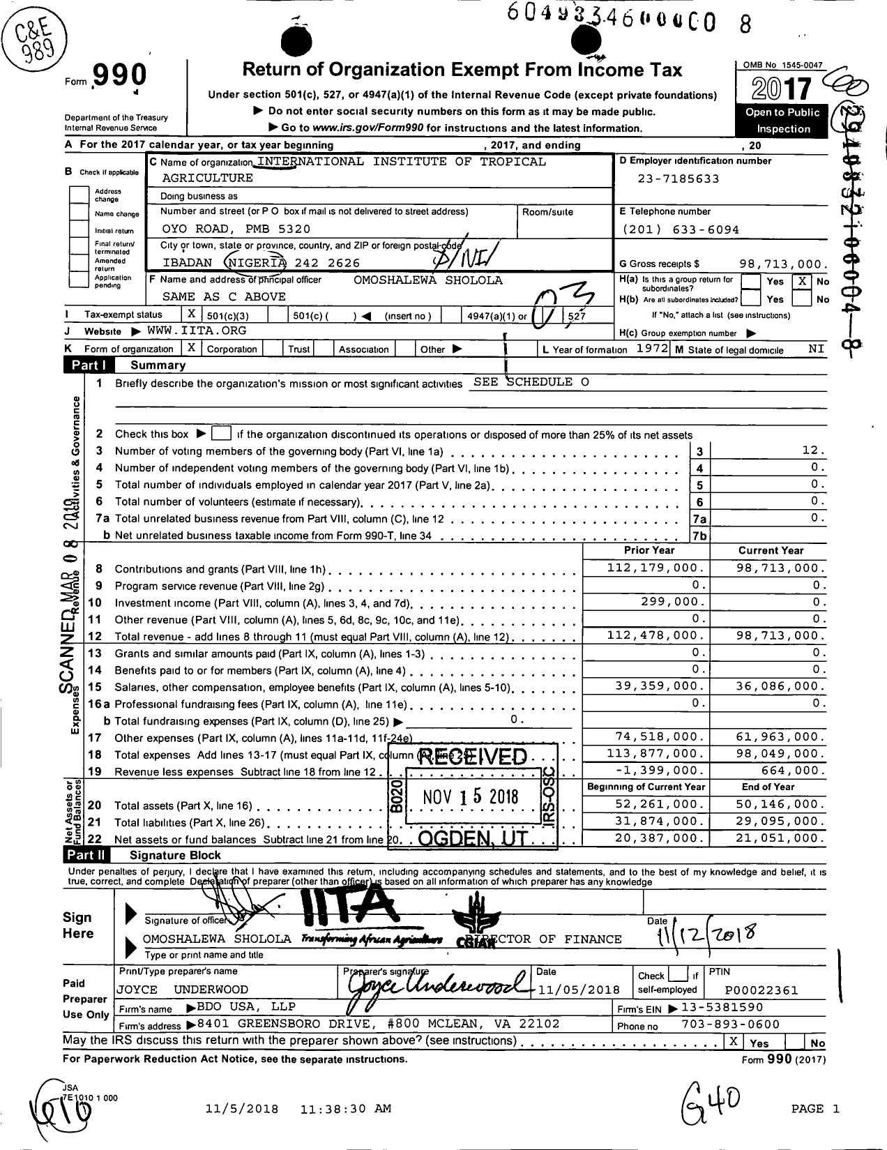 Image of first page of 2017 Form 990 for International Institute of Tropical Agriculture (IITA)