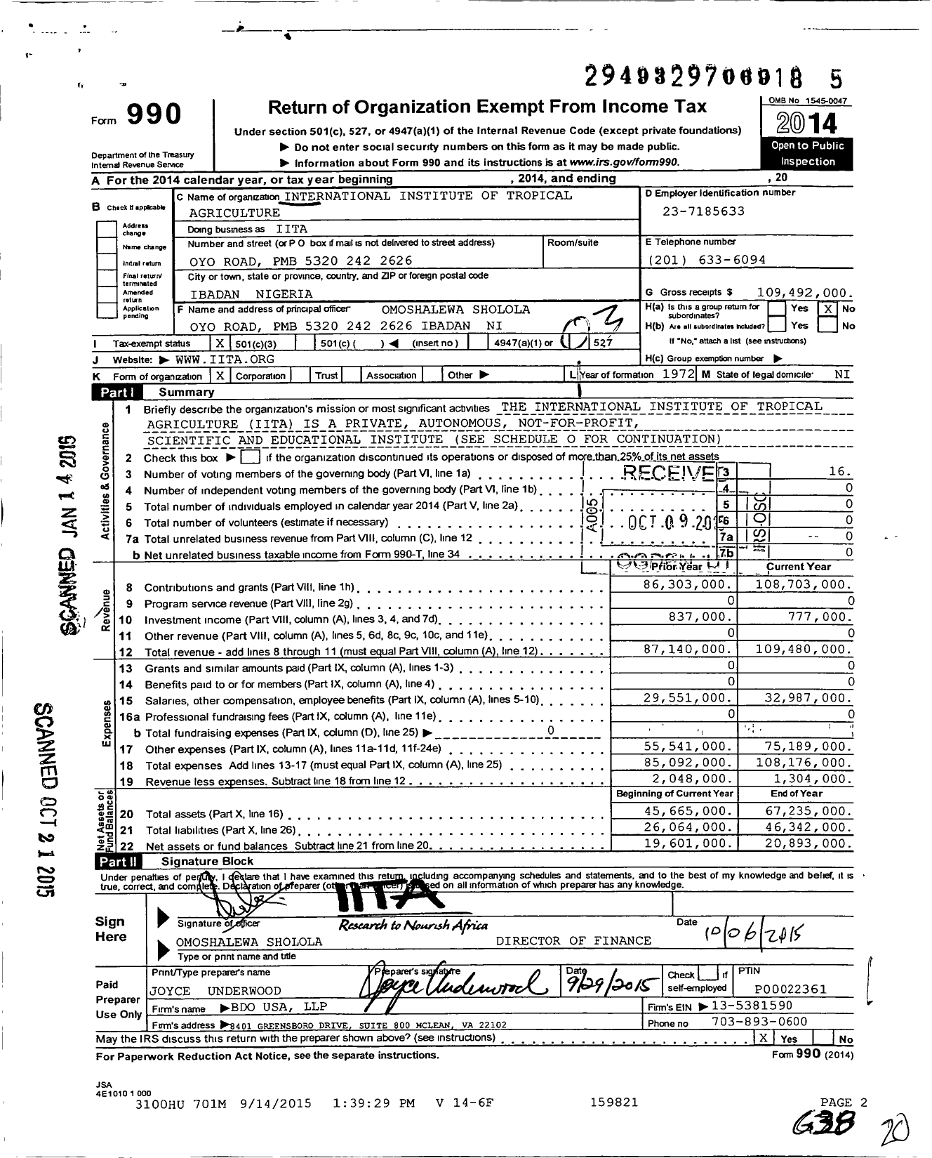 Image of first page of 2014 Form 990 for International Institute of Tropical Agriculture (IITA)