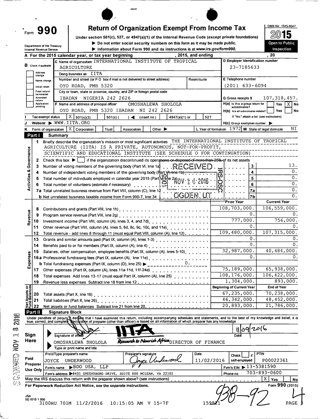 Image of first page of 2015 Form 990 for International Institute of Tropical Agriculture (IITA)