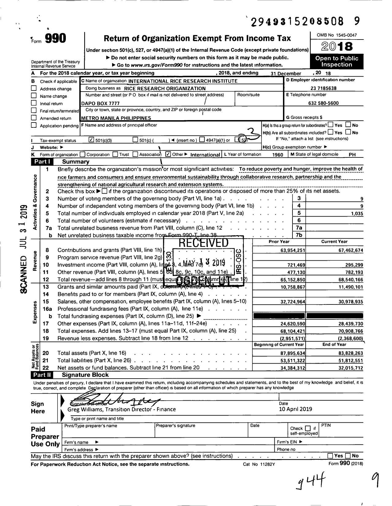 Image of first page of 2018 Form 990 for Rice Research Organization (IRRI)