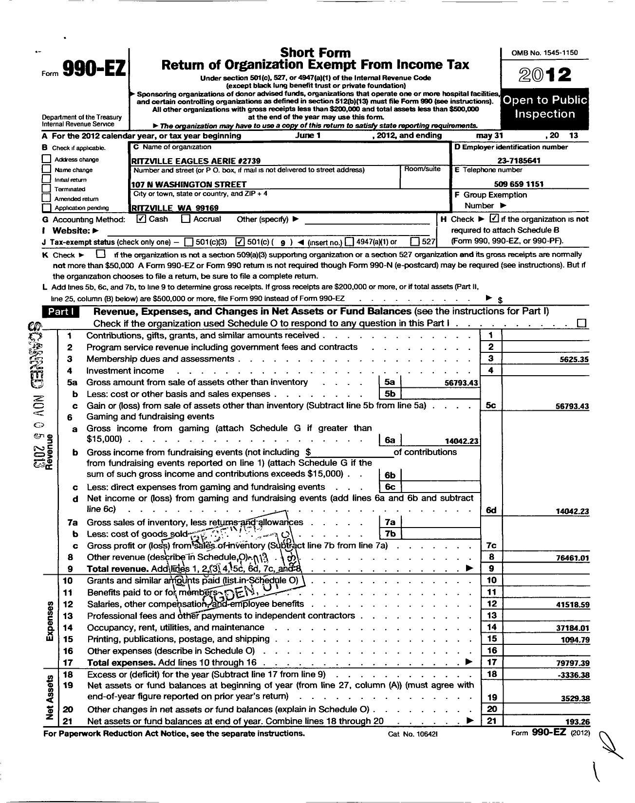 Image of first page of 2012 Form 990EO for Fraternal Order of Eagles - 2739 Ritzville Eagles Aerie