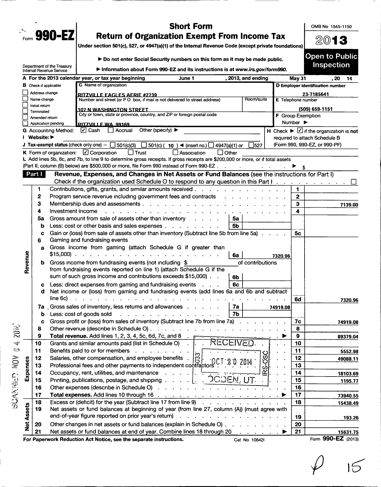 Image of first page of 2013 Form 990EO for Fraternal Order of Eagles - 2739 Ritzville Eagles Aerie