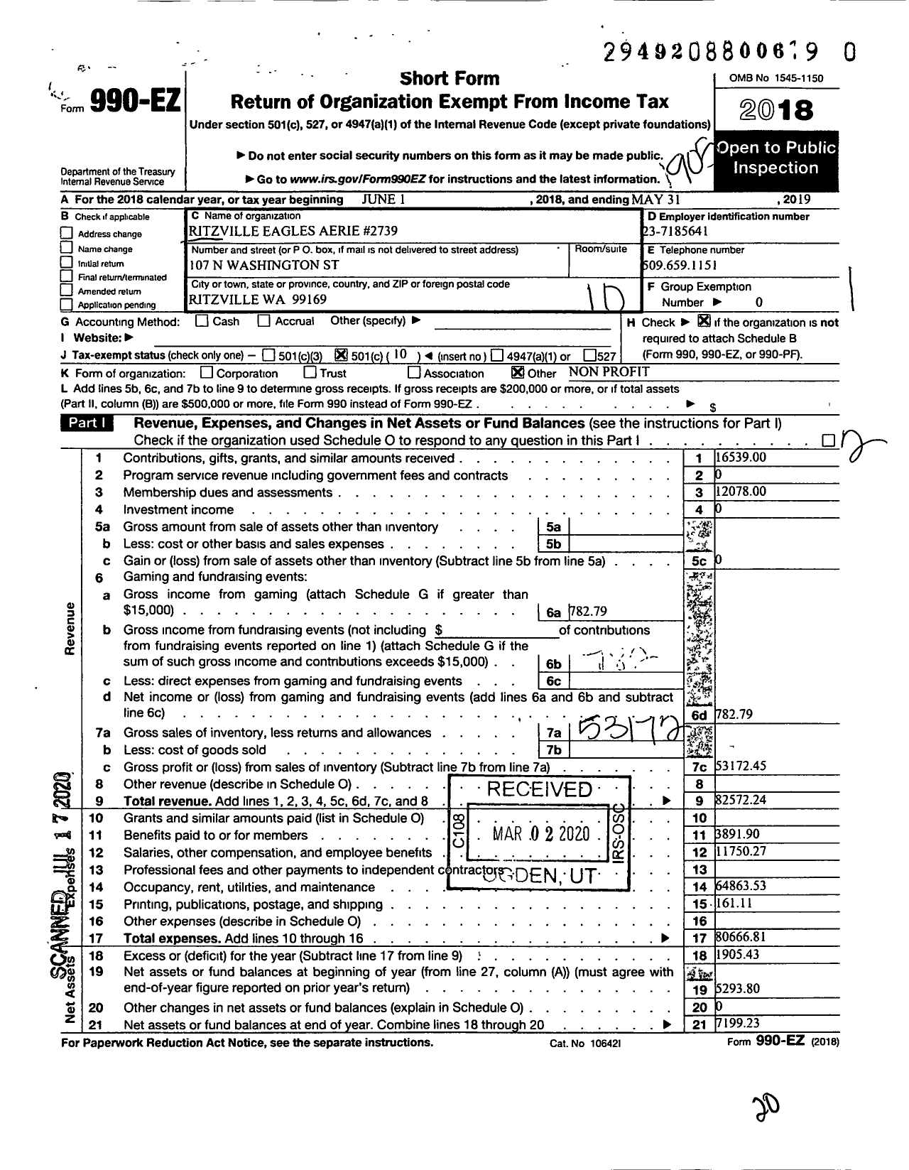 Image of first page of 2018 Form 990EO for Fraternal Order of Eagles - 2739 Ritzville Eagles Aerie