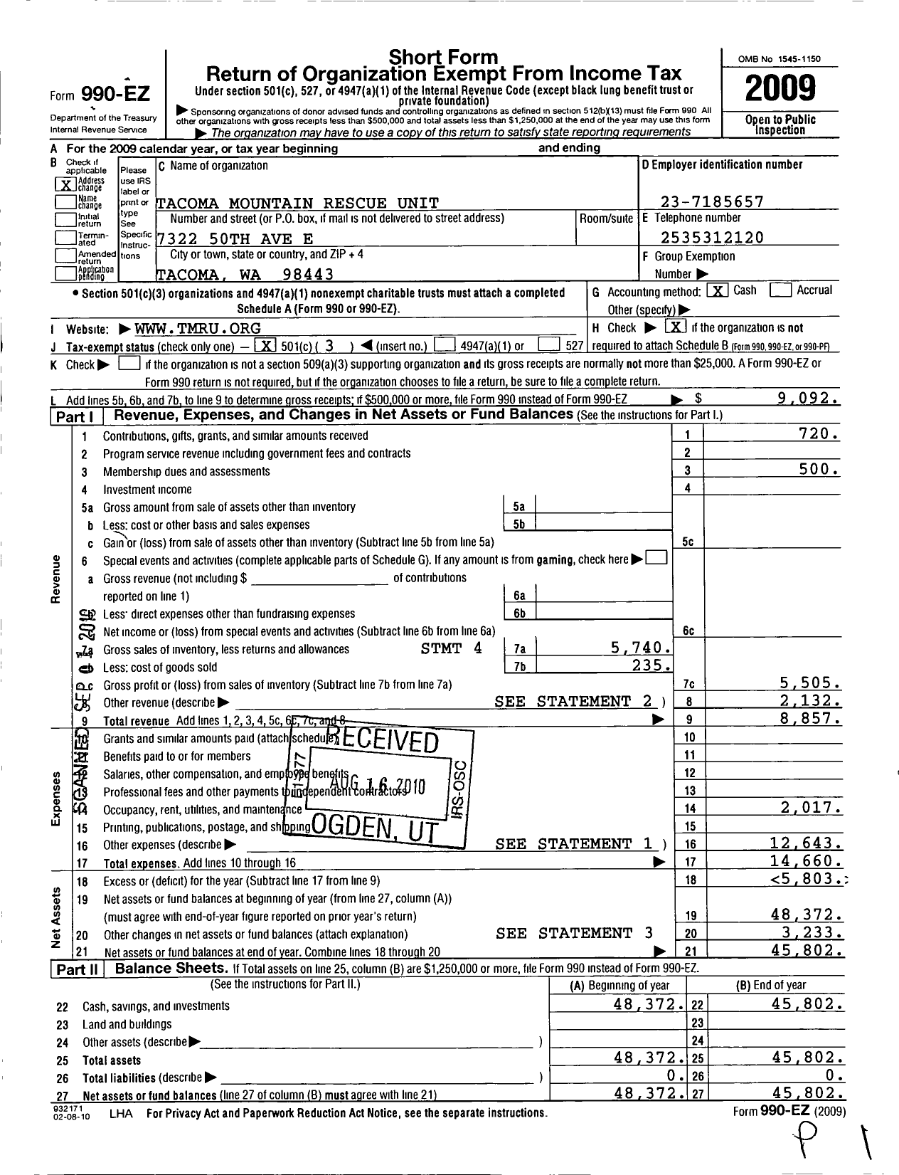 Image of first page of 2009 Form 990EZ for Tacoma Mountain Rescue