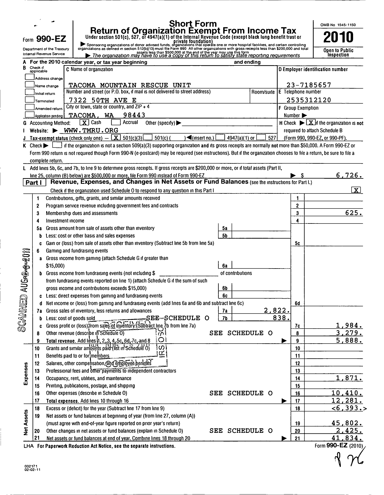 Image of first page of 2010 Form 990EZ for Tacoma Mountain Rescue