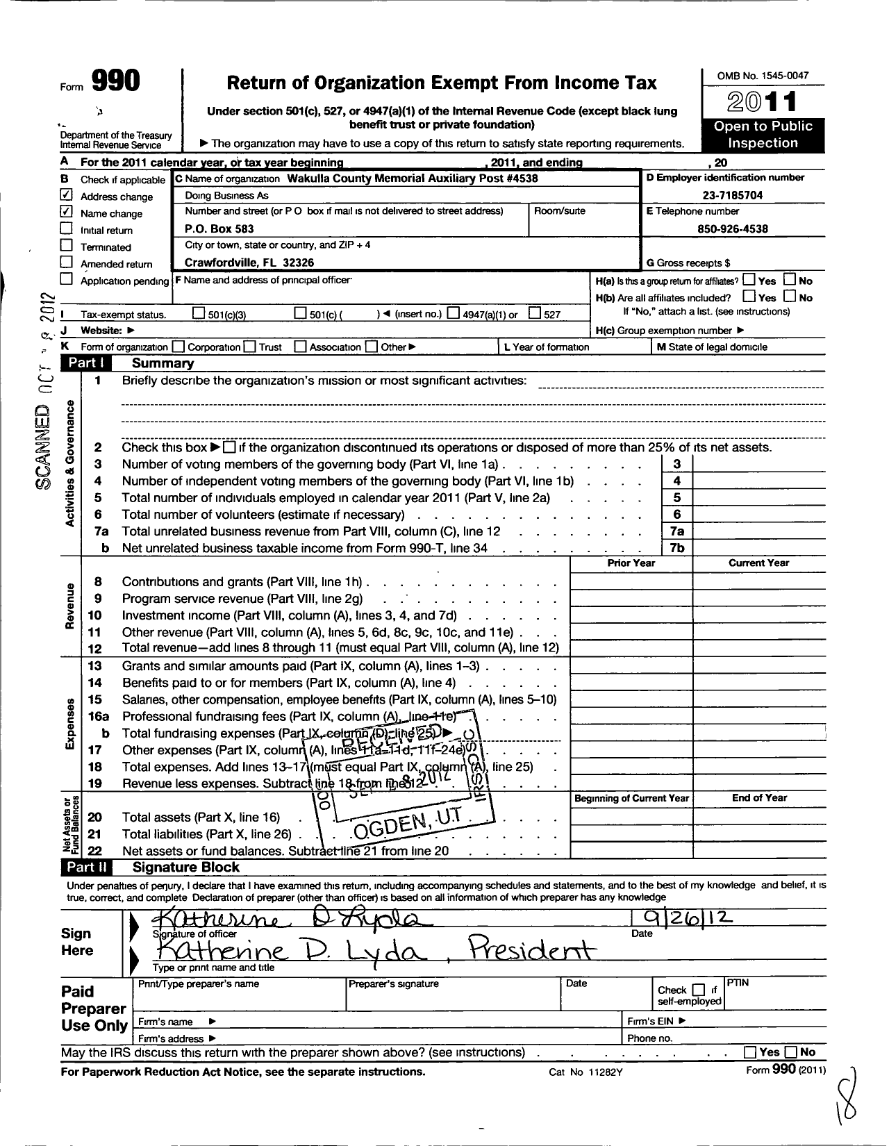 Image of first page of 2011 Form 990O for Veterans of Foreign Wars of the Us Dept of Florida Auxiliary - 4538 Wakulla County Memorial Auxiliary