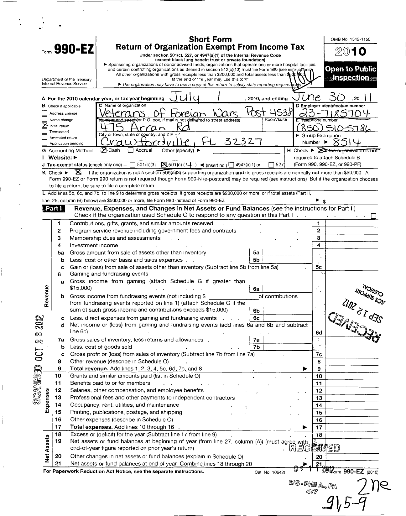 Image of first page of 2010 Form 990EO for Veterans of Foreign Wars of the Us Dept of Florida Auxiliary - 4538 Wakulla County Memorial Auxiliary