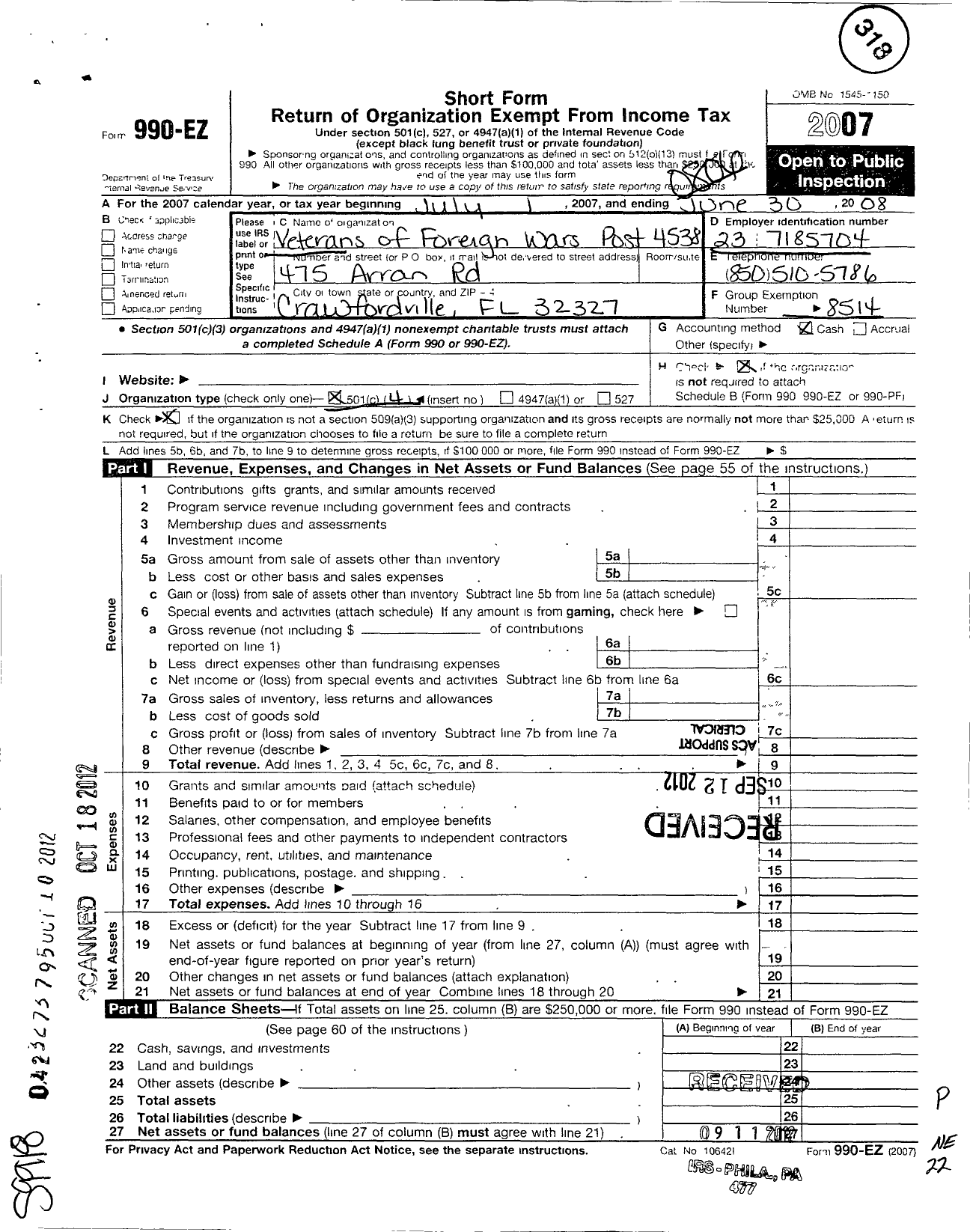 Image of first page of 2007 Form 990EO for Veterans of Foreign Wars of the Us Dept of Florida Auxiliary - 4538 Wakulla County Memorial Auxiliary