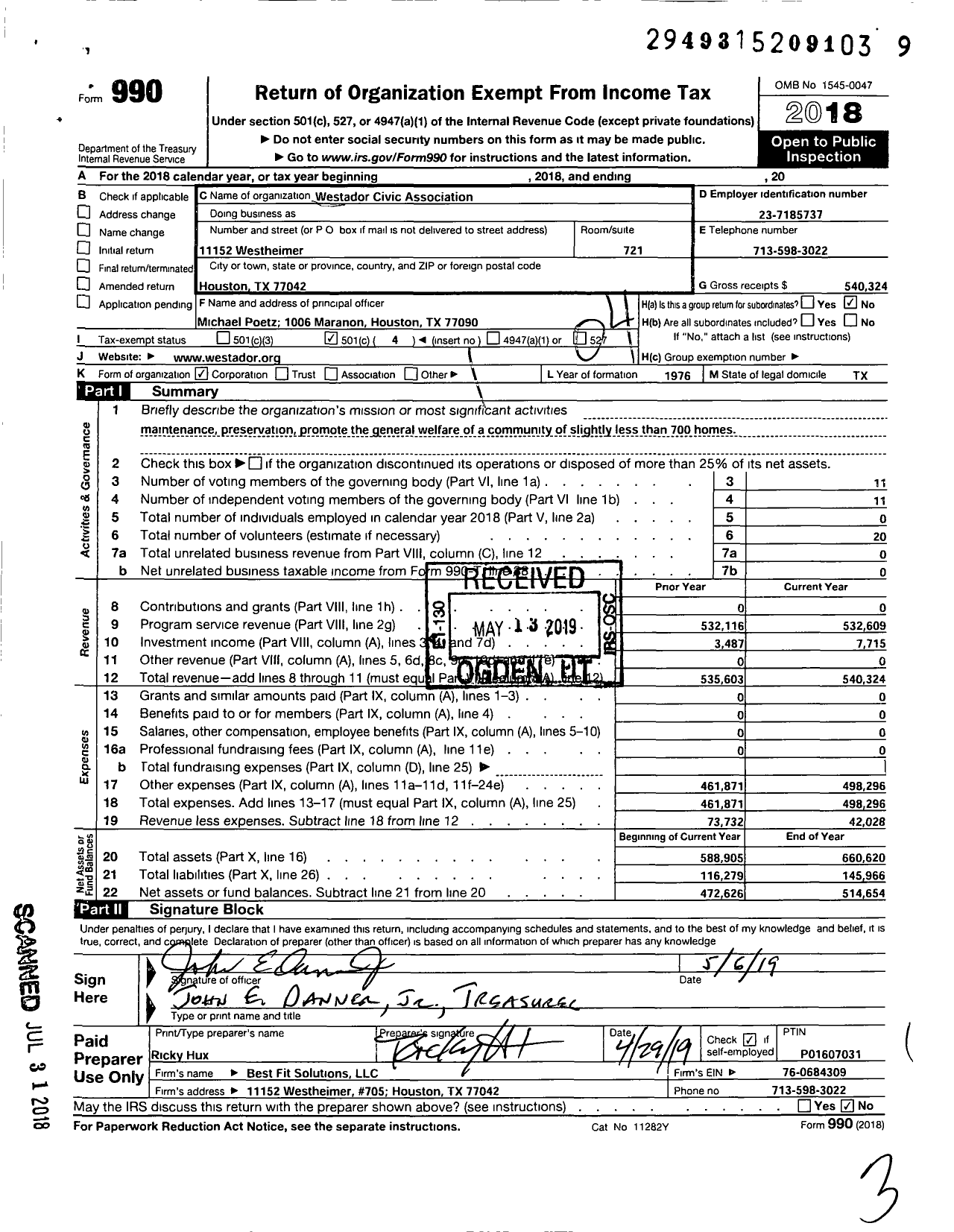 Image of first page of 2018 Form 990O for Westador Civic Association